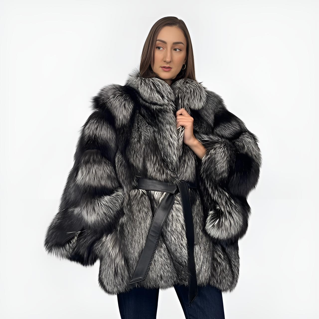 Silver Fox Cape Style Jacket Leather Belt
