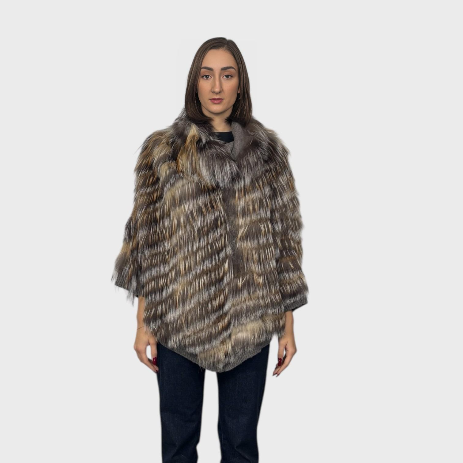 Golden Island and Silver Fox Feathered Knit Poncho.