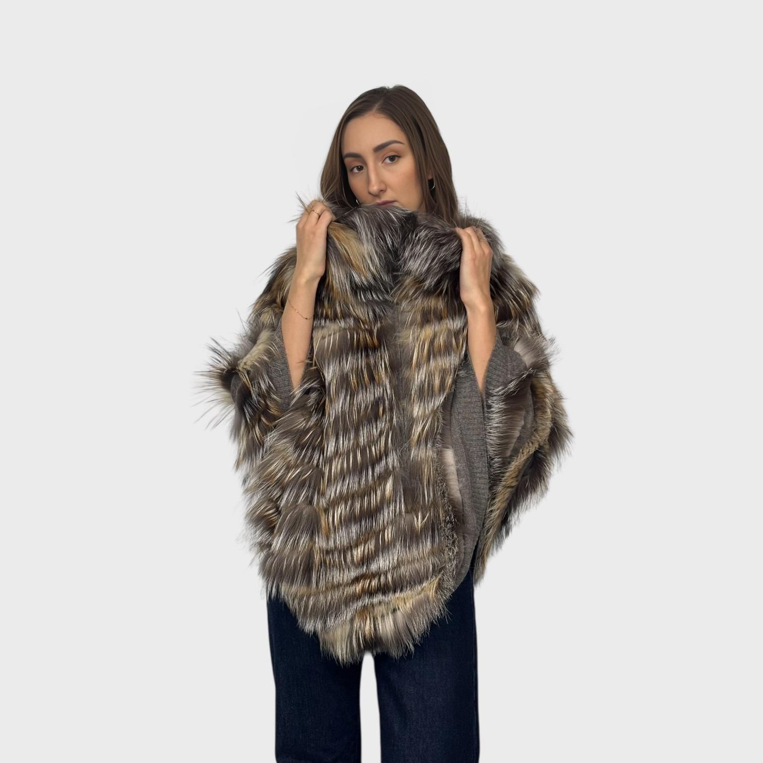 Golden Island and Silver Fox Feathered Knit Poncho.