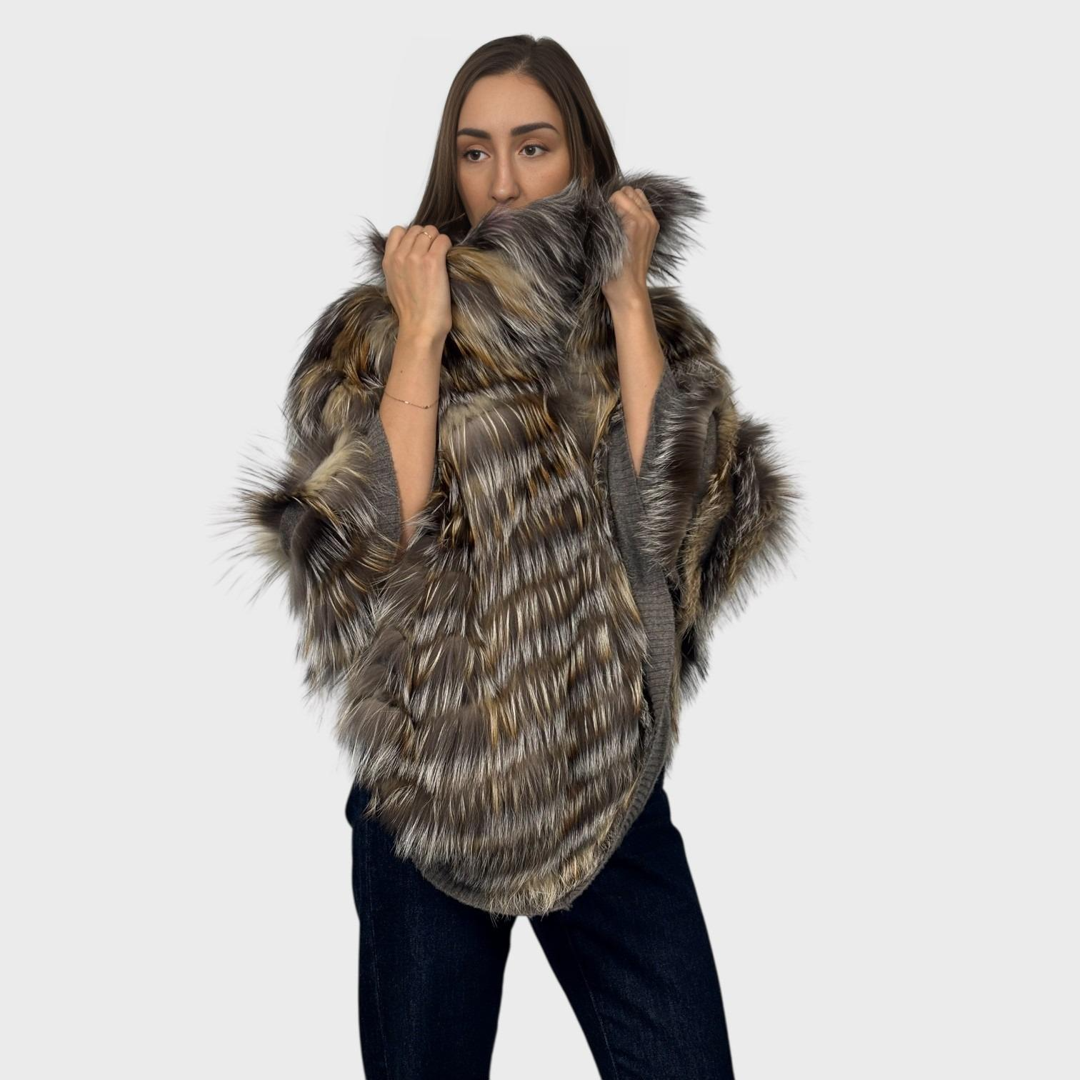 Golden Island and Silver Fox Feathered Knit Poncho.