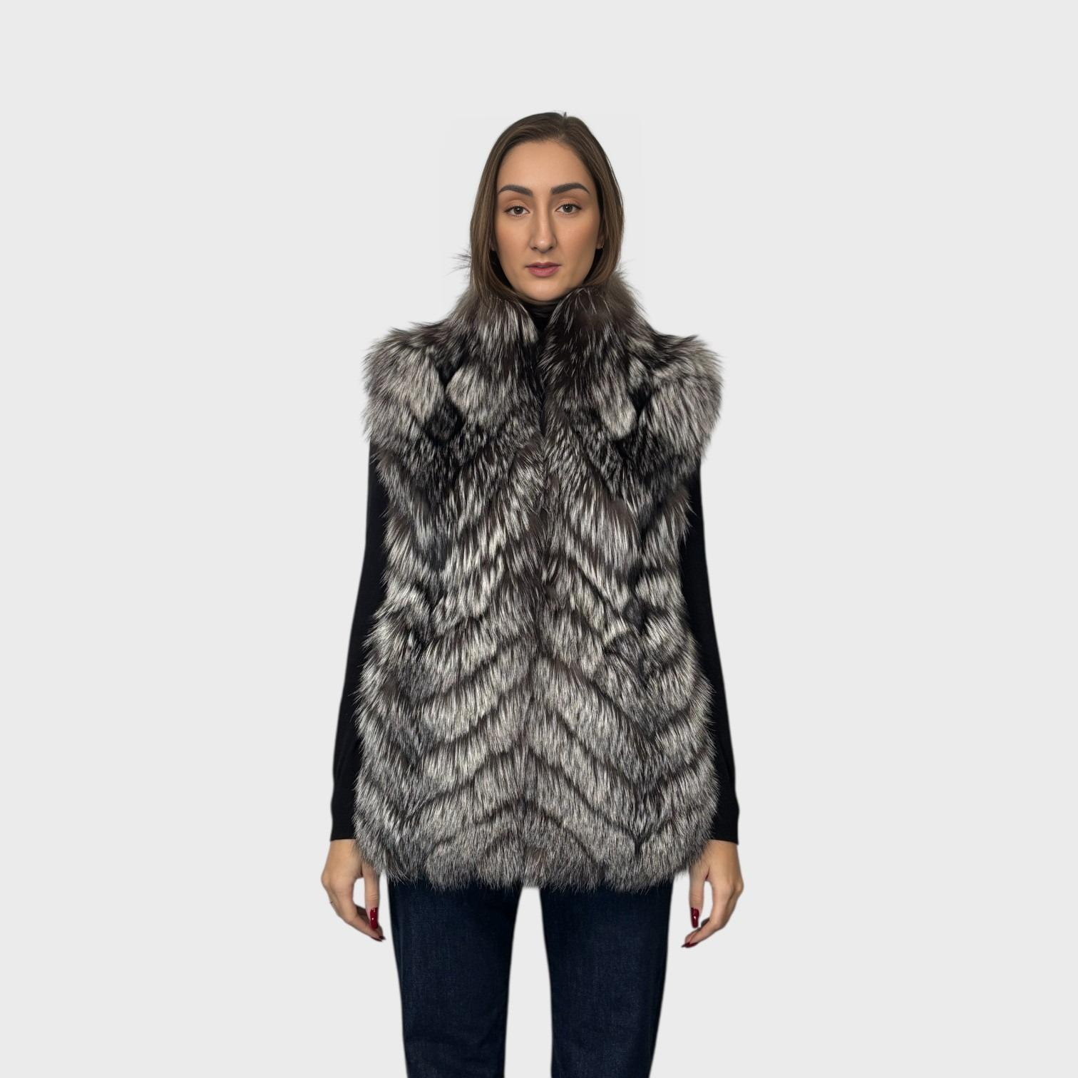 Natural Silver Fox Vest - Chevron Style