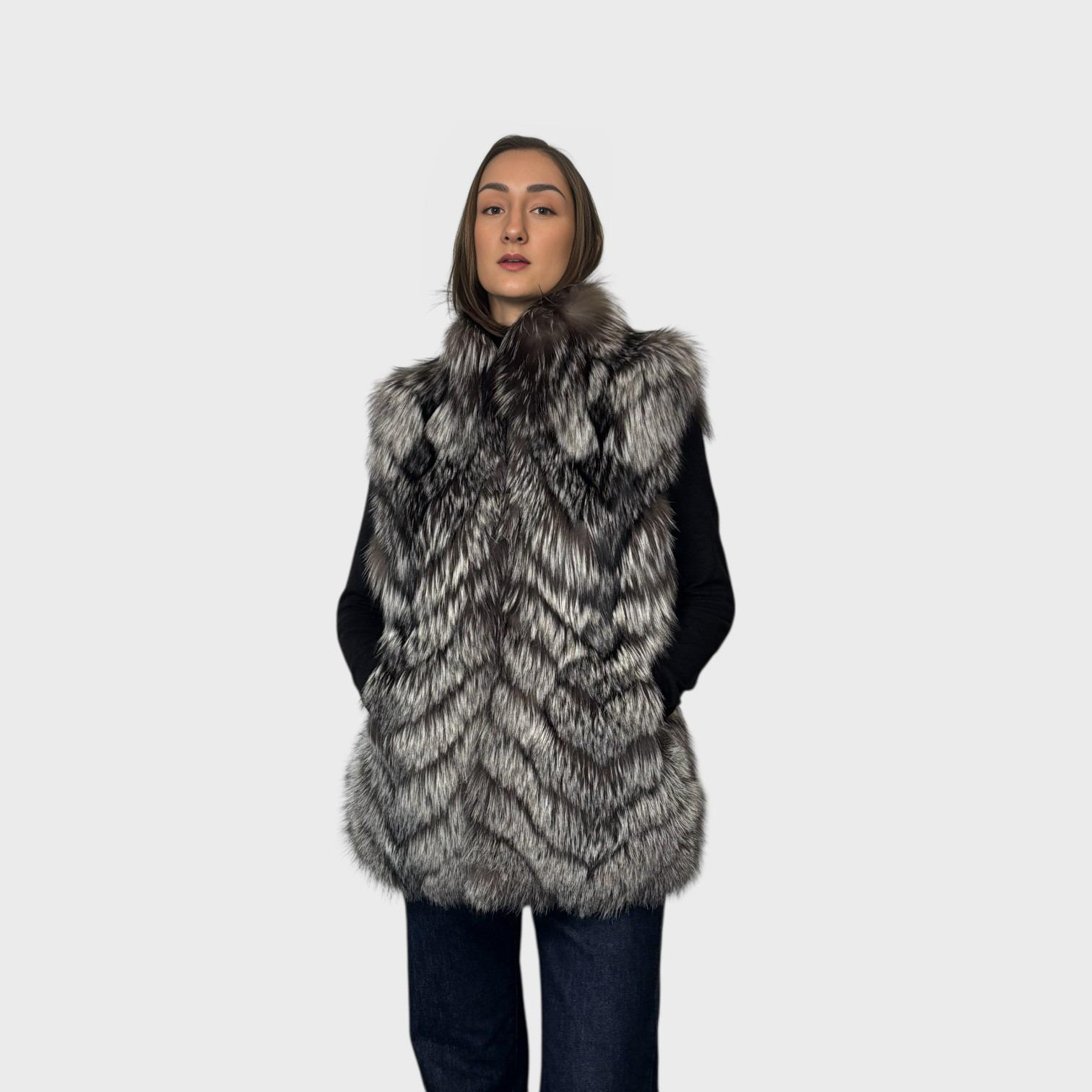 Natural Silver Fox Vest - Chevron Style