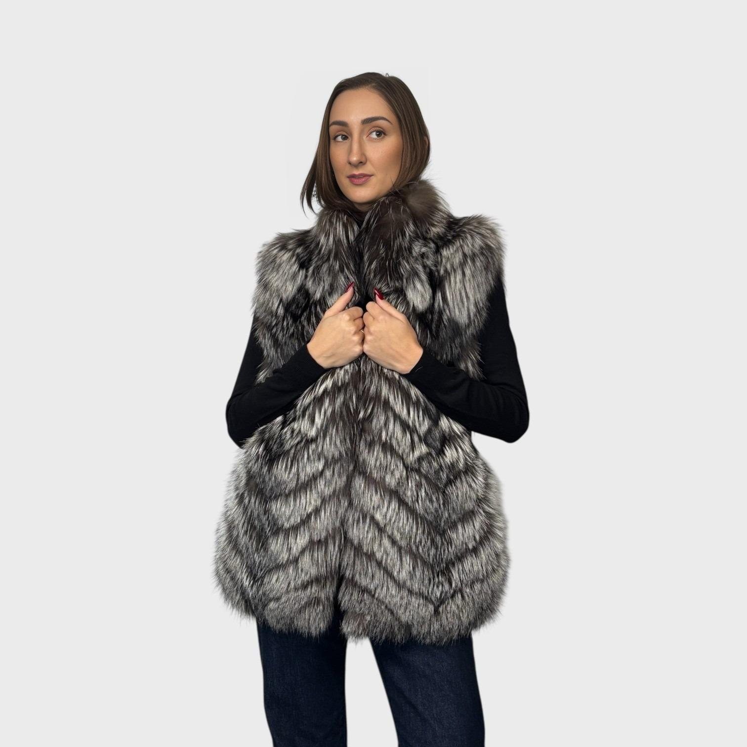 Natural Silver Fox Vest - Chevron Style