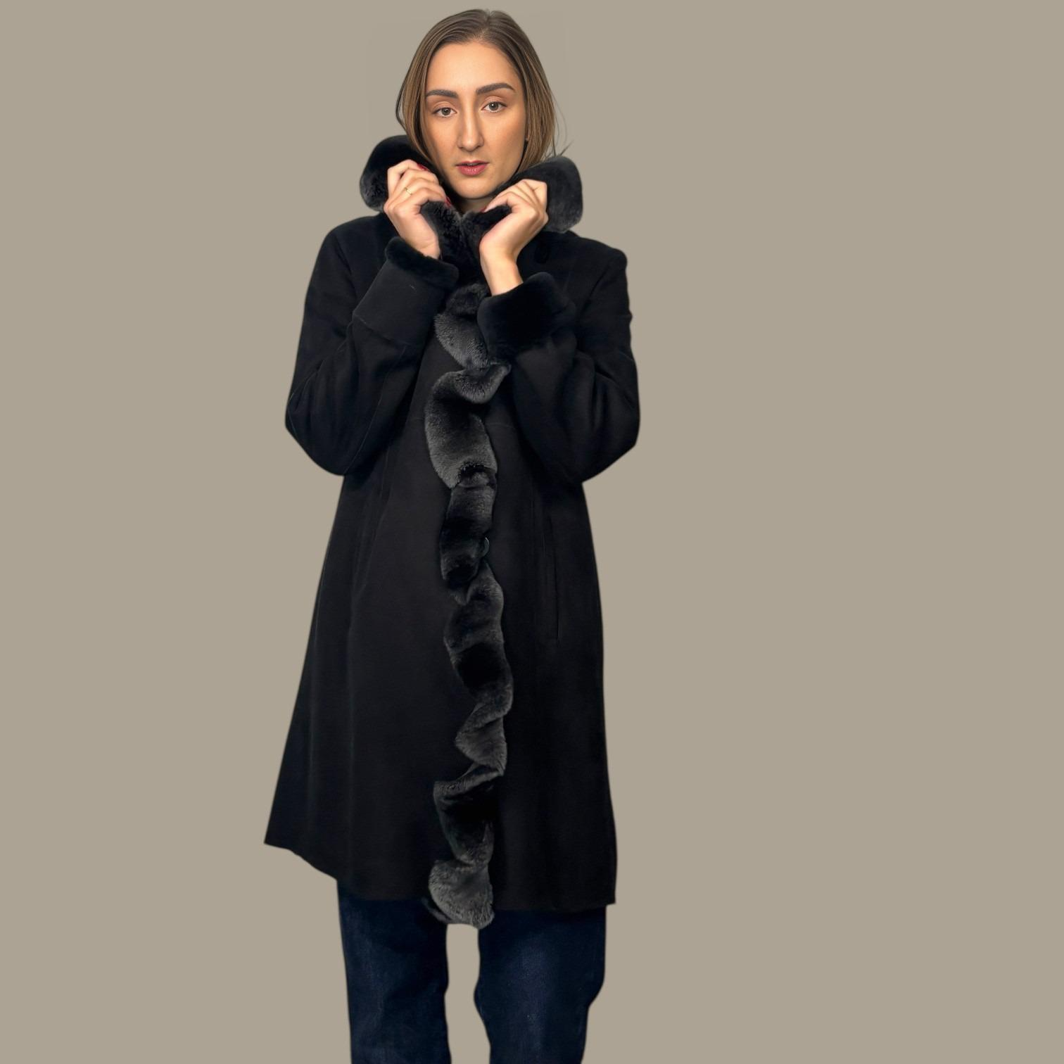 Ebony Shearling jacket with Ruffled rex rabbit trim