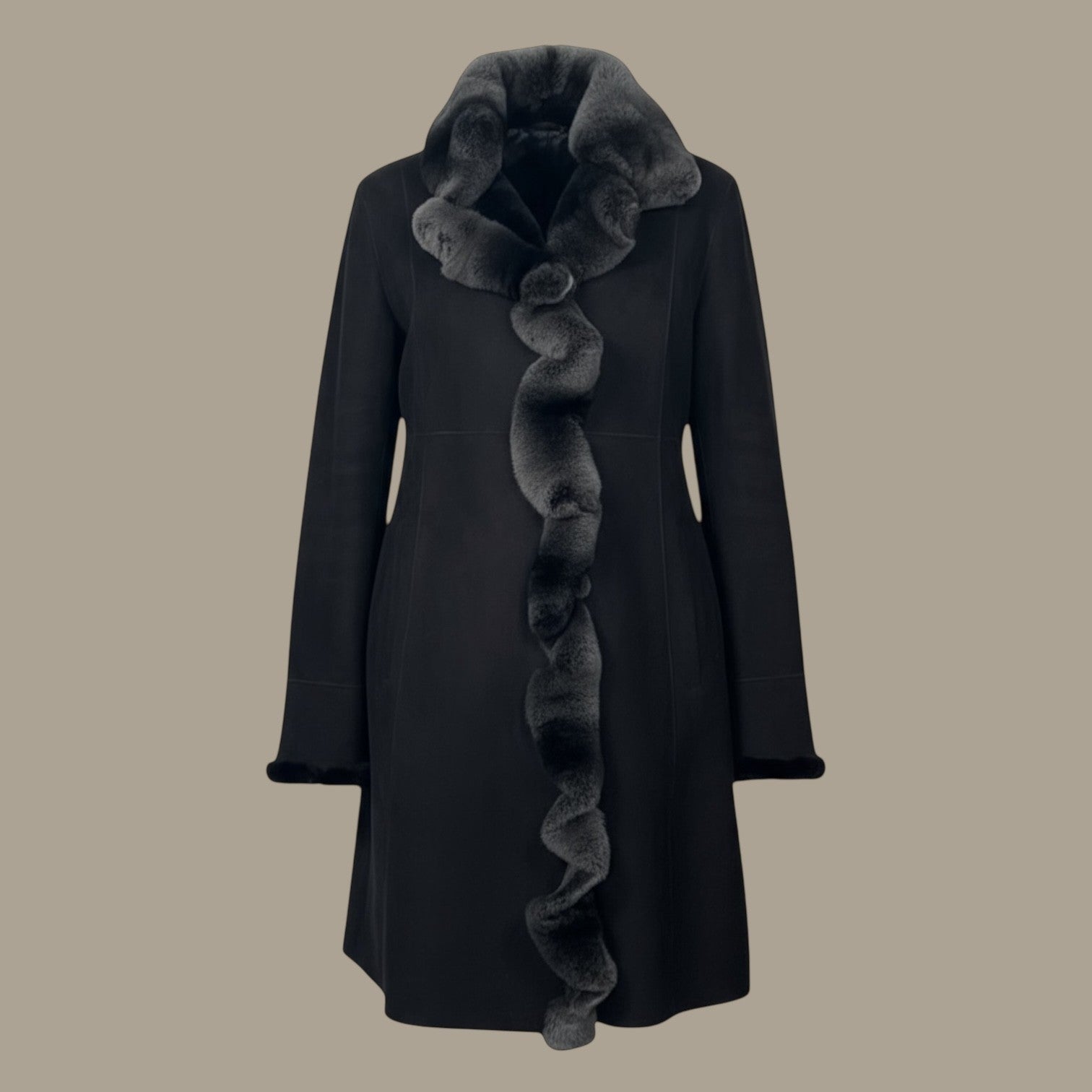 Ebony Shearling jacket with Ruffled rex rabbit trim