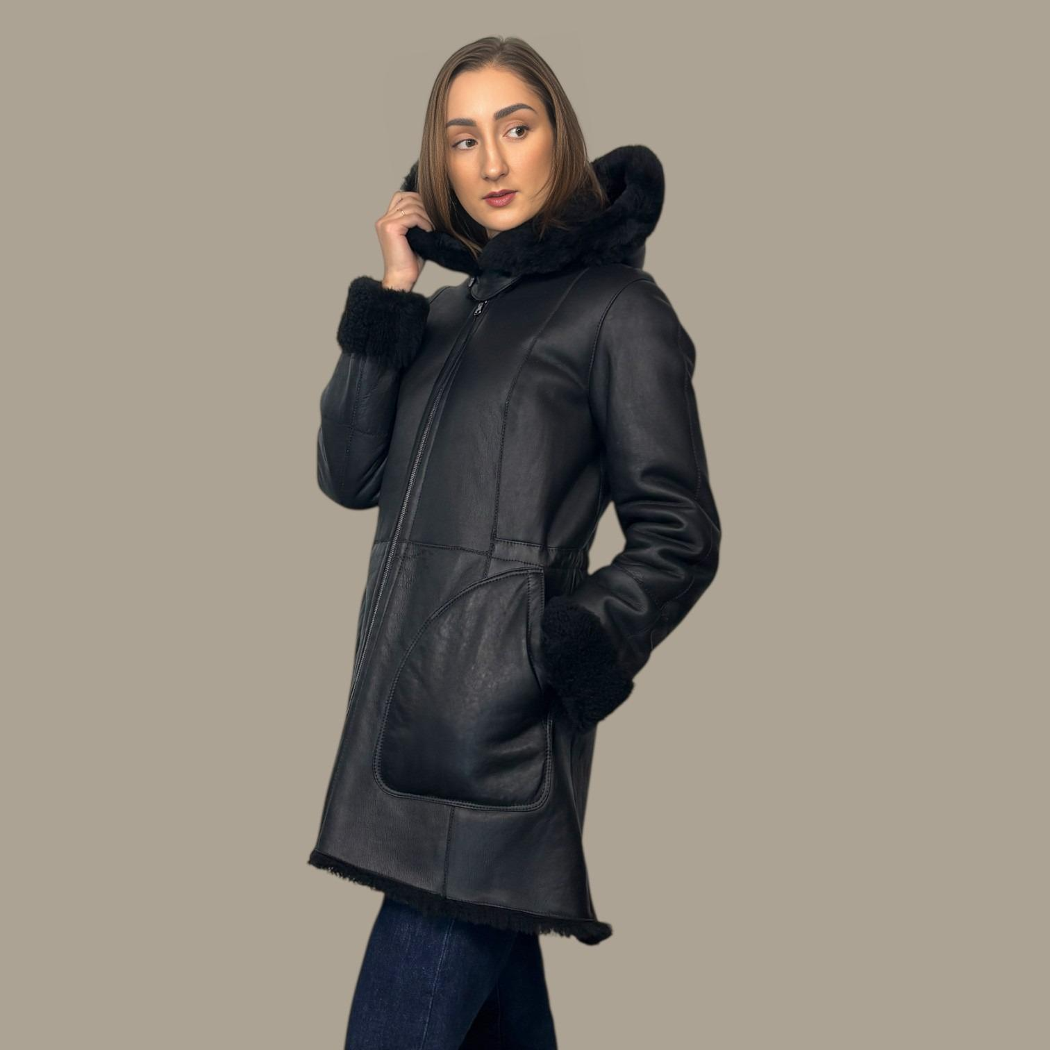 Black Shearling Hooded Jacket - Reversible