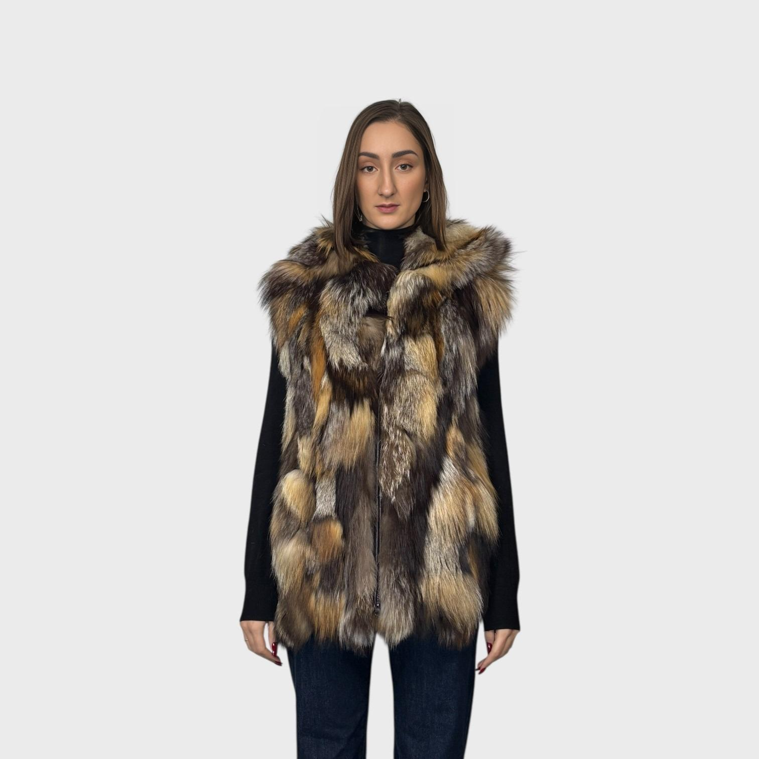 Cross Fox Patch Work Hooded Vest