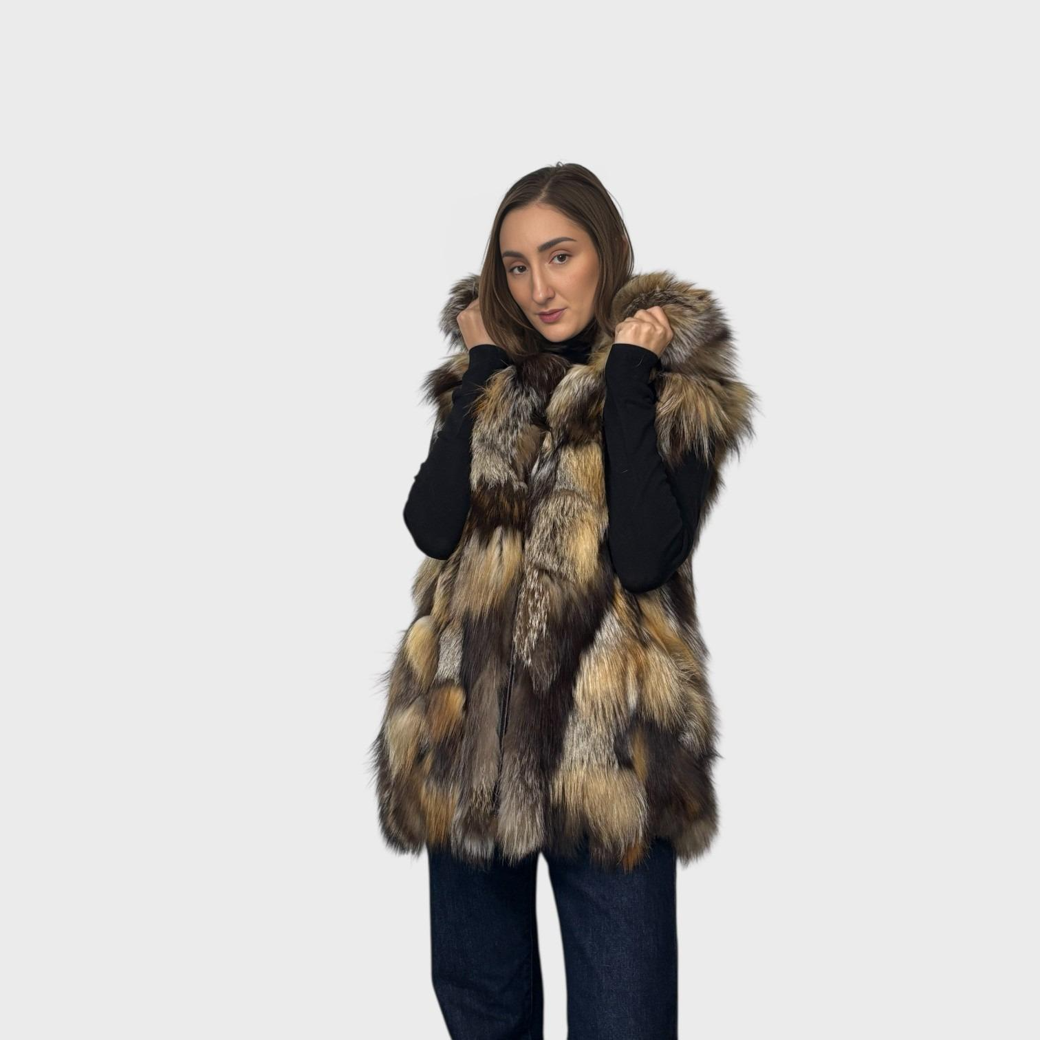 Cross Fox Patch Work Hooded Vest