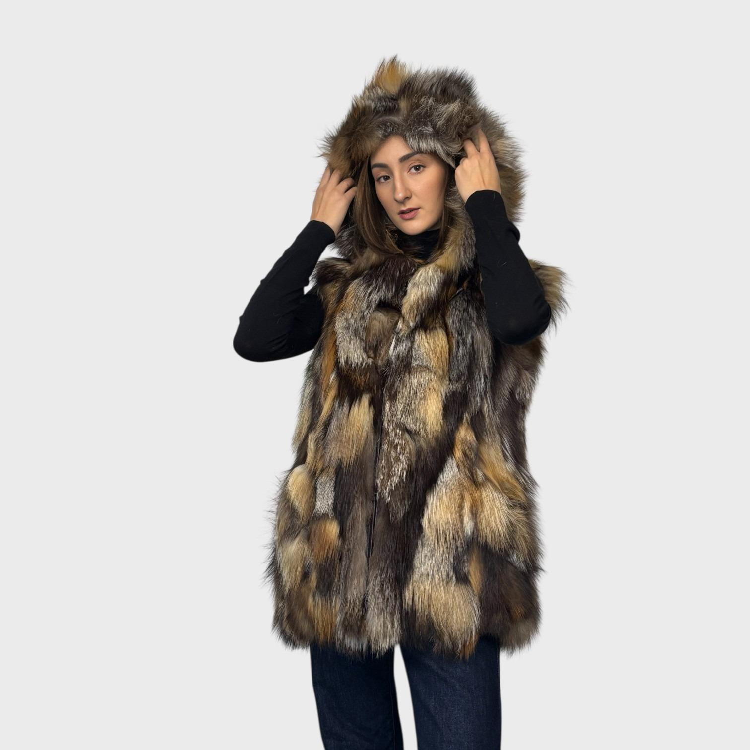 Cross Fox Patch Work Hooded Vest