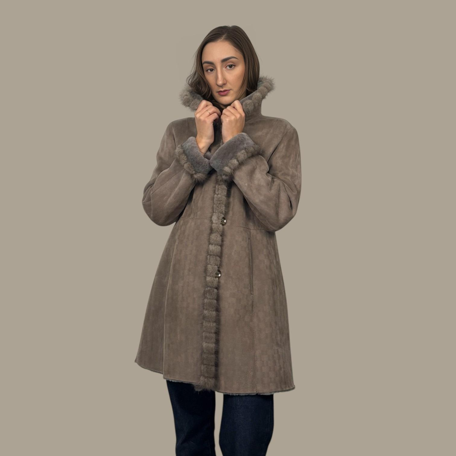 Taupe Shearling Jacket Silver Blue Mink Trim