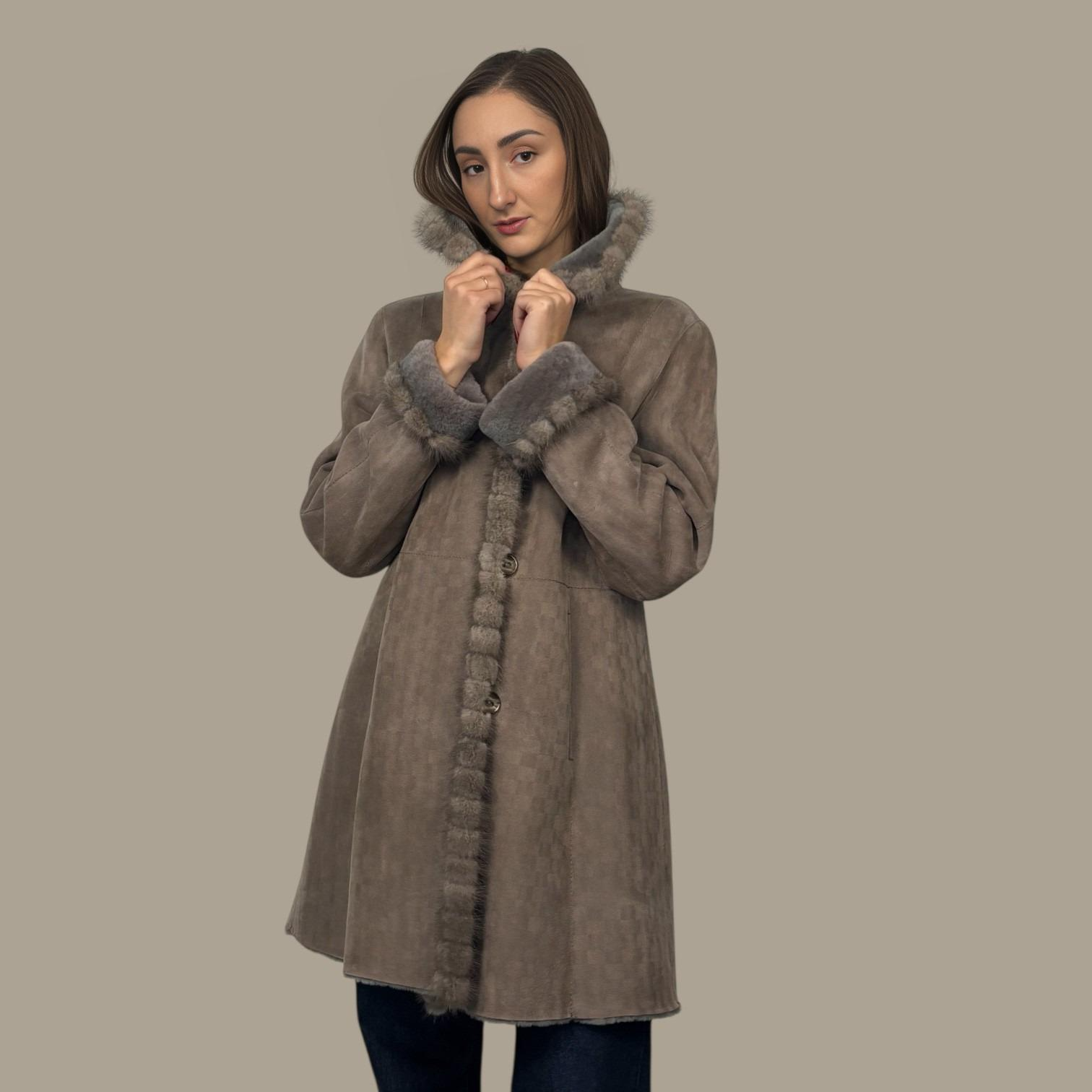 Taupe Shearling Jacket Silver Blue Mink Trim