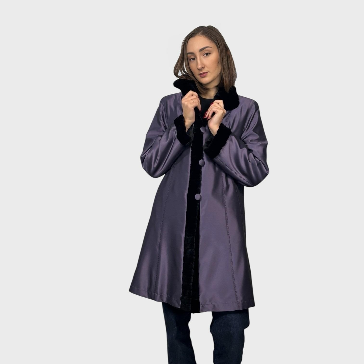 Black Sheared Mink Section Jacket Reversible to Purple Taffeta