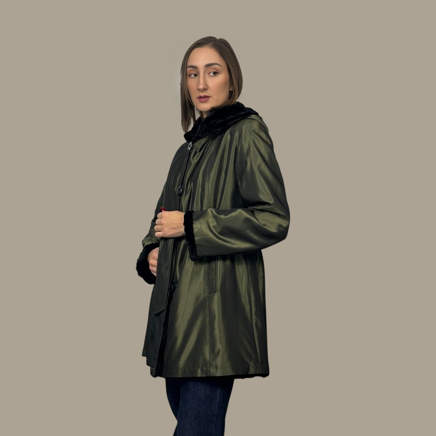 Black Dyed Sheared & Grooved Hooded Mink Sections Jacket Reversible to Green Taffeta