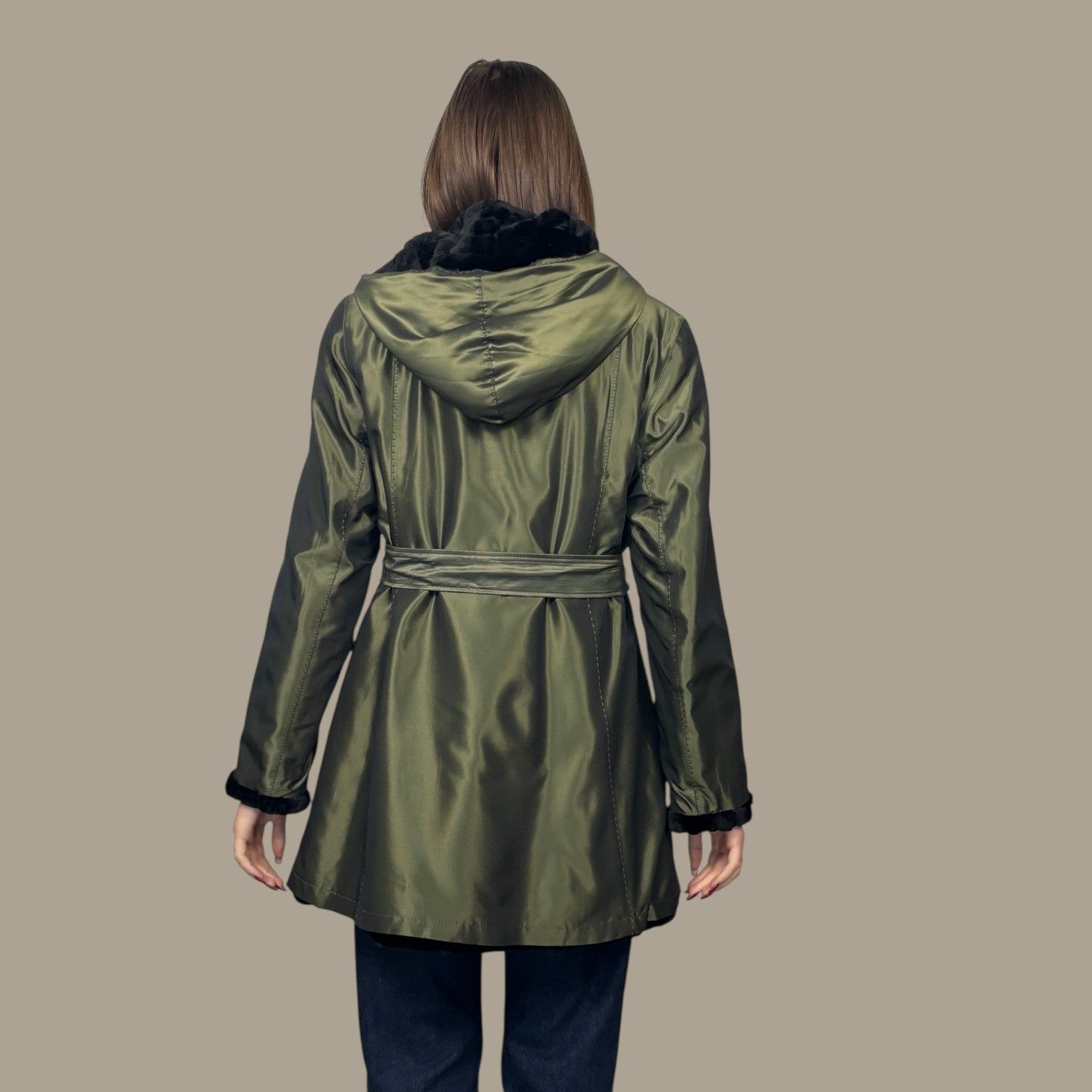 Black Dyed Sheared & Grooved Hooded Mink Sections Jacket Reversible to Green Taffeta