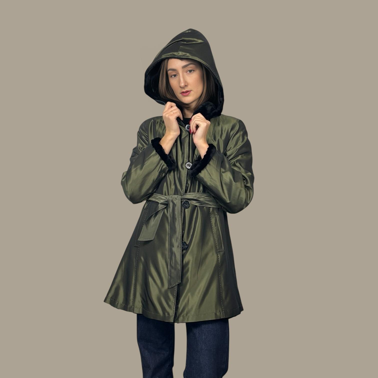Black Dyed Sheared & Grooved Hooded Mink Sections Jacket Reversible to Green Taffeta