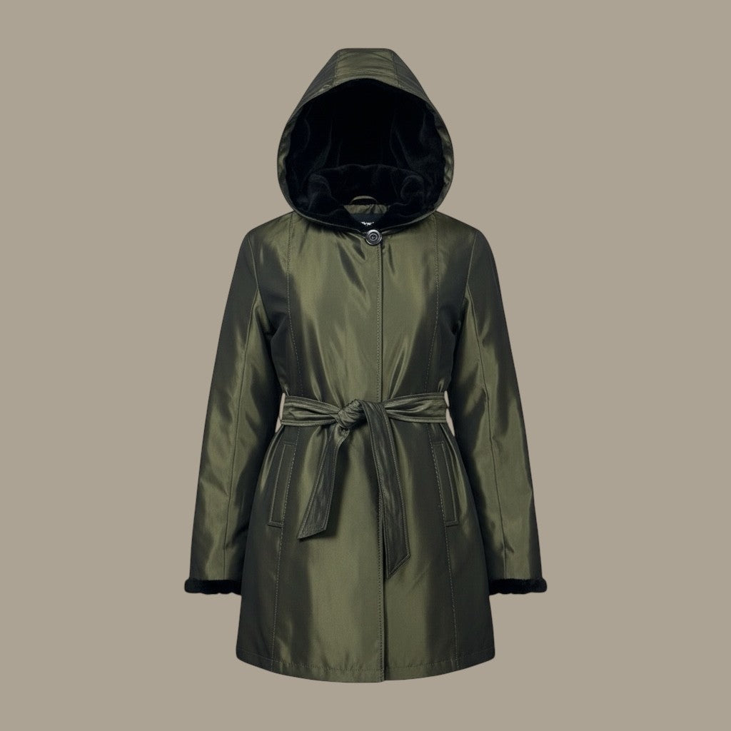 Black Dyed Sheared & Grooved Hooded Mink Sections Jacket Reversible to Green Taffeta