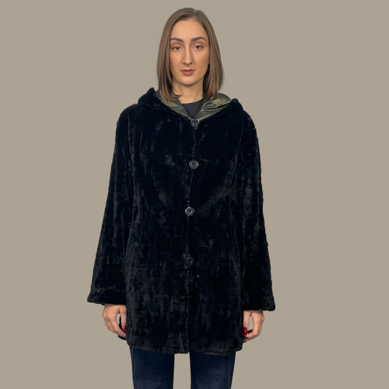 Black Dyed Sheared & Grooved Hooded Mink Sections Jacket Reversible to Green Taffeta