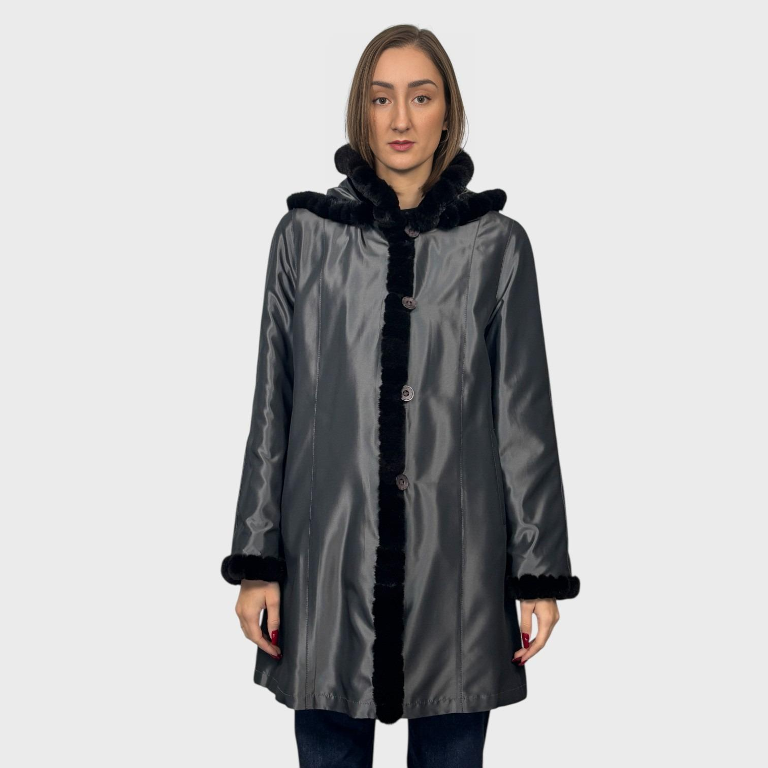 Black Dyed Sheared Mink Paw Jacket - Reversible to Grey Taffeta - Detachable Hood