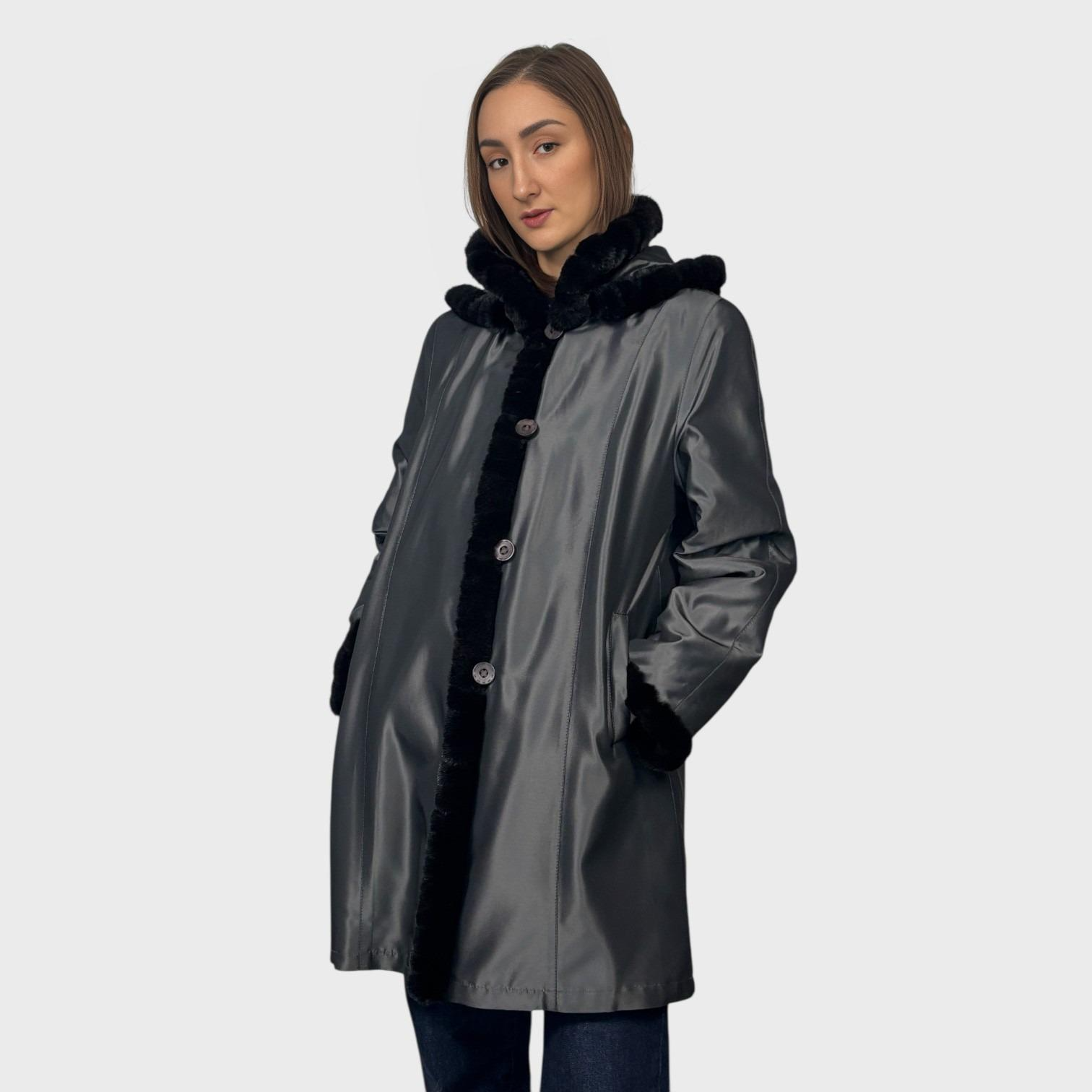 Black Dyed Sheared Mink Paw Jacket - Reversible to Grey Taffeta - Detachable Hood