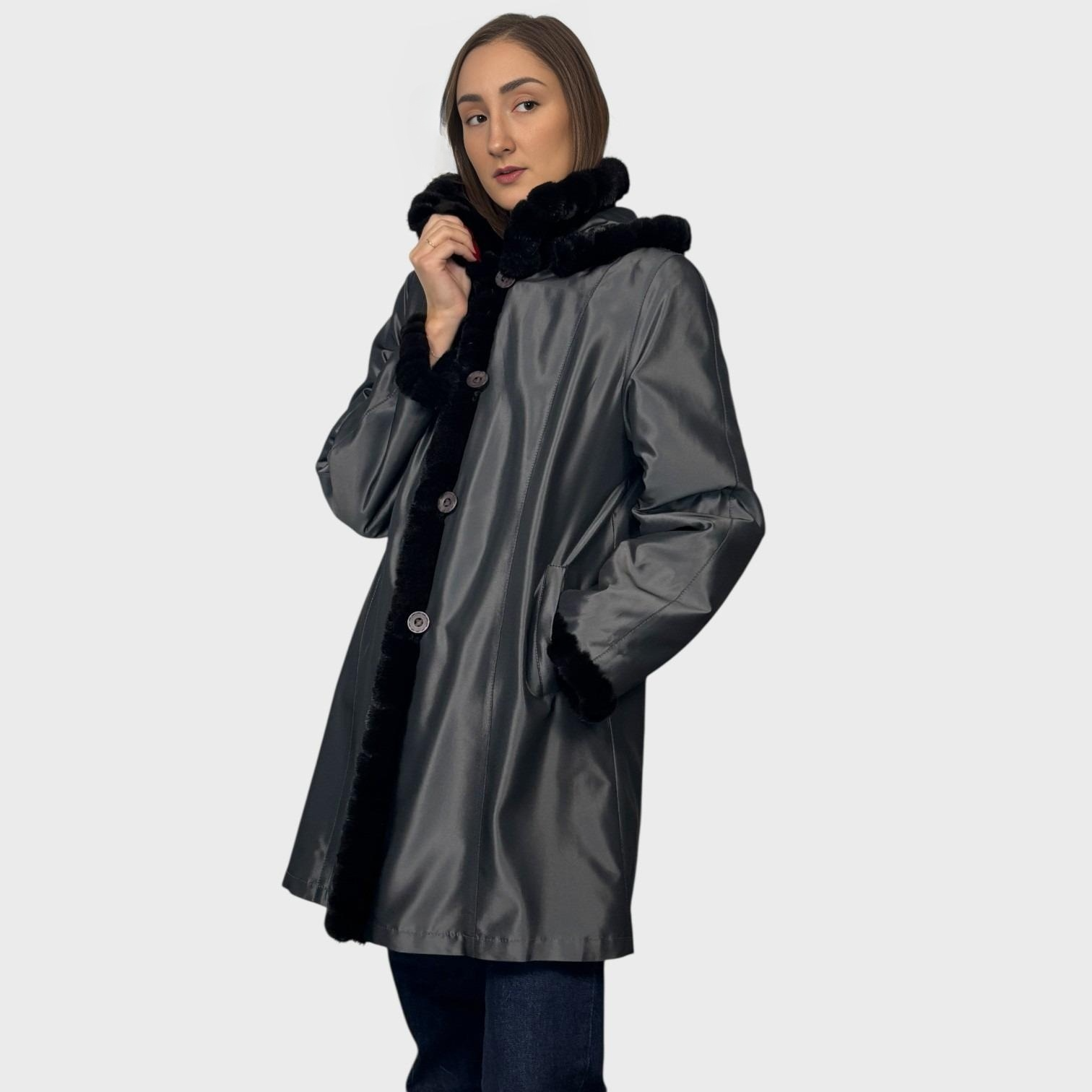 Black Dyed Sheared Mink Paw Jacket - Reversible to Grey Taffeta - Detachable Hood