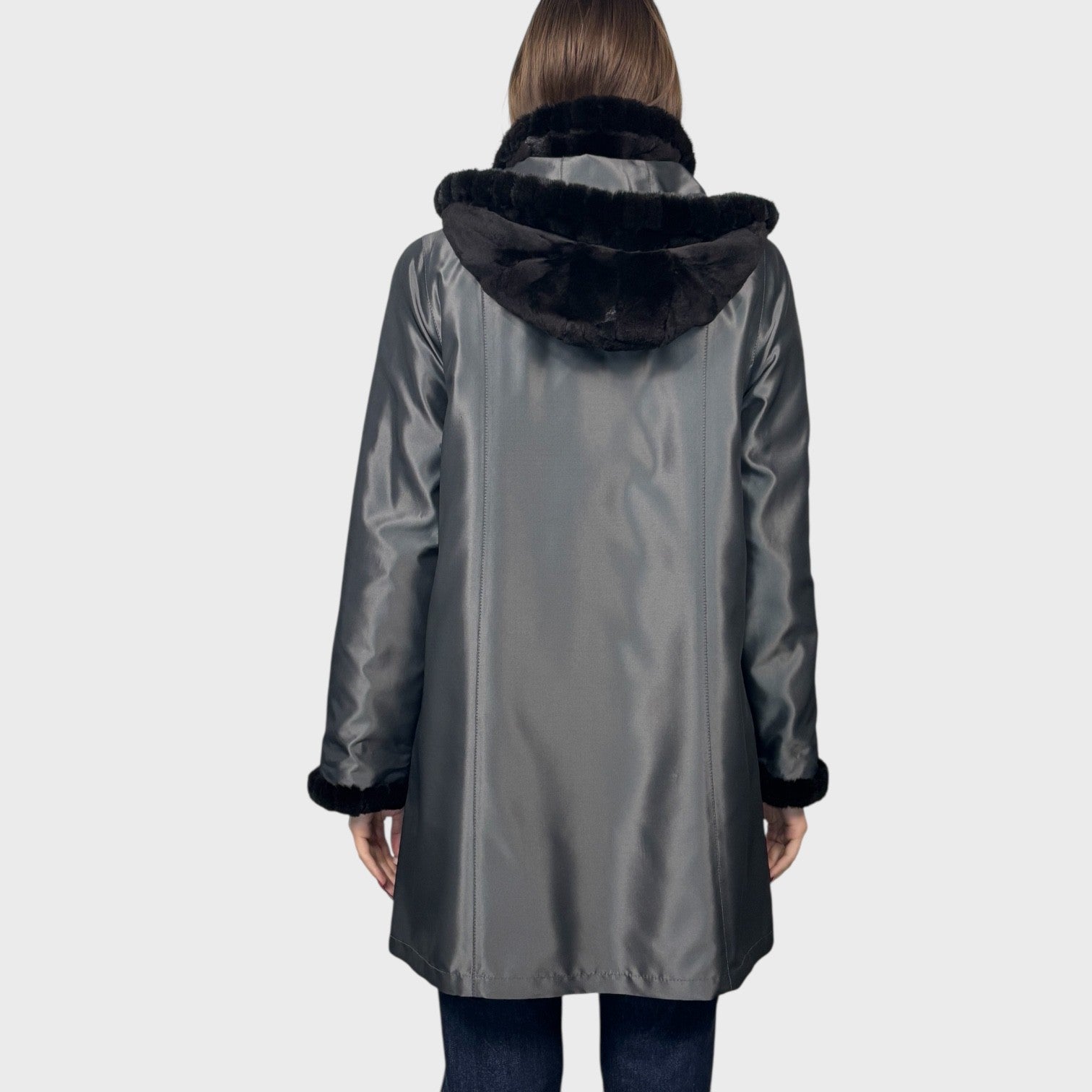 Black Dyed Sheared Mink Paw Jacket - Reversible to Grey Taffeta - Detachable Hood