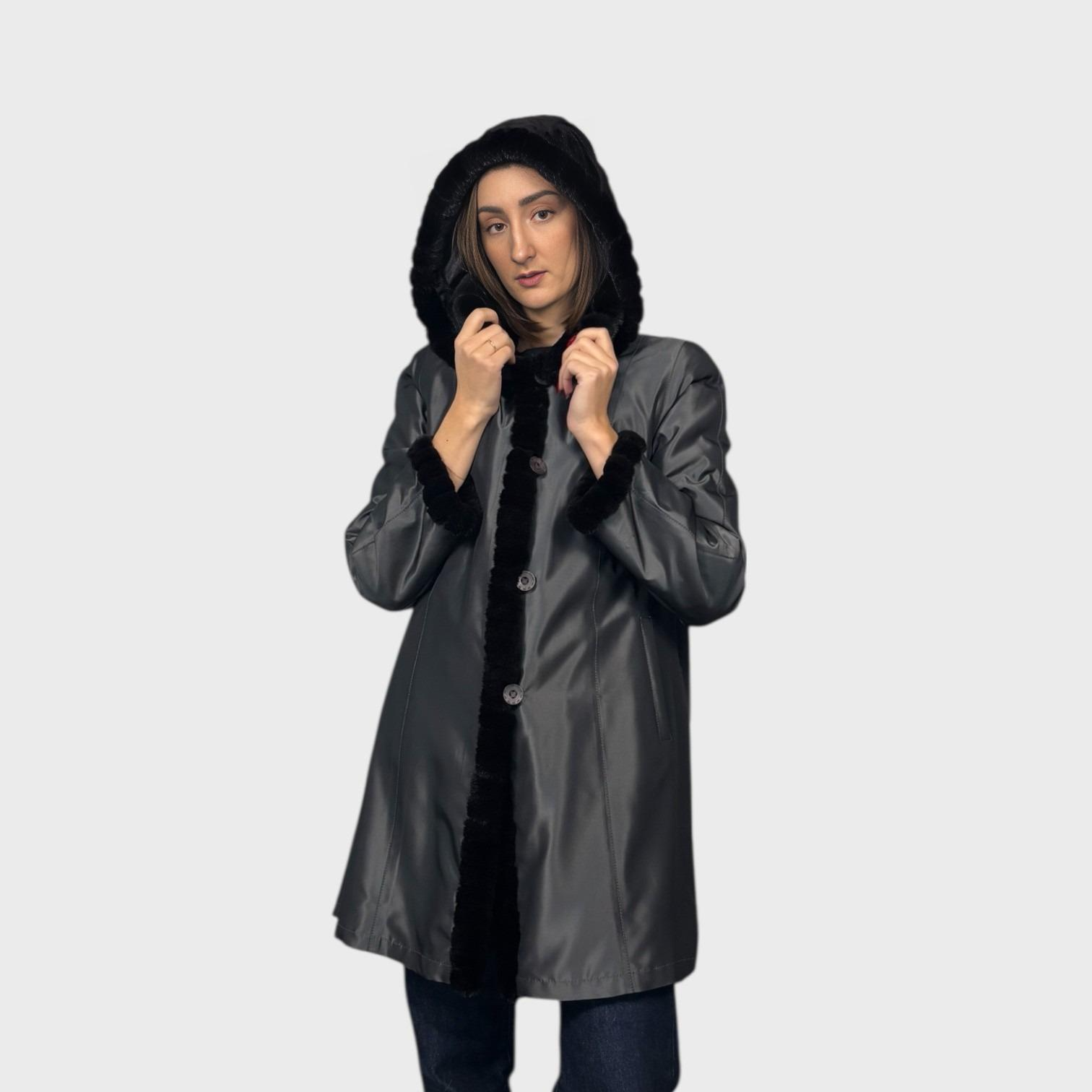 Black Dyed Sheared Mink Paw Jacket - Reversible to Grey Taffeta - Detachable Hood