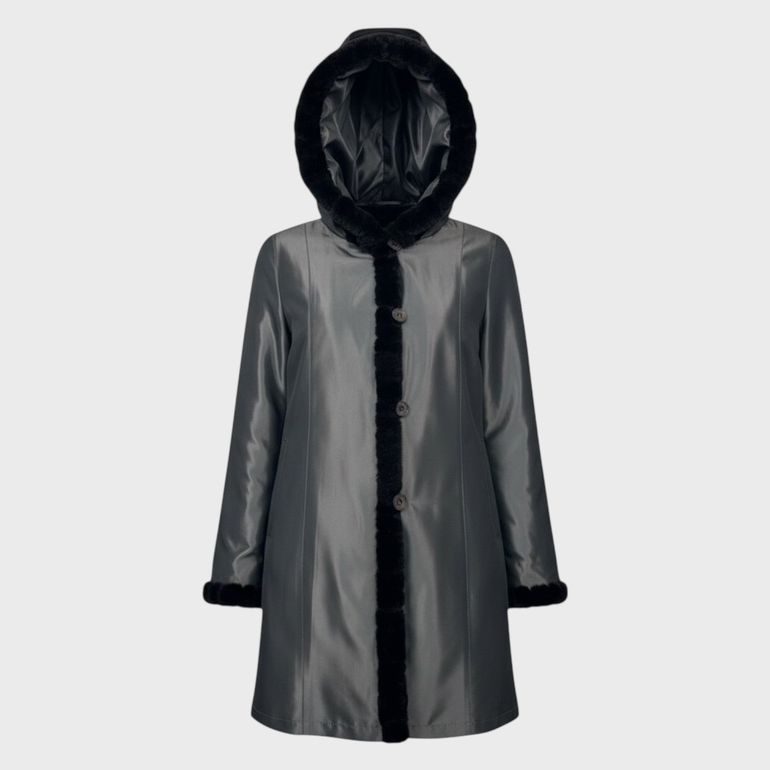 Black Dyed Sheared Mink Paw Jacket - Reversible to Grey Taffeta - Detachable Hood