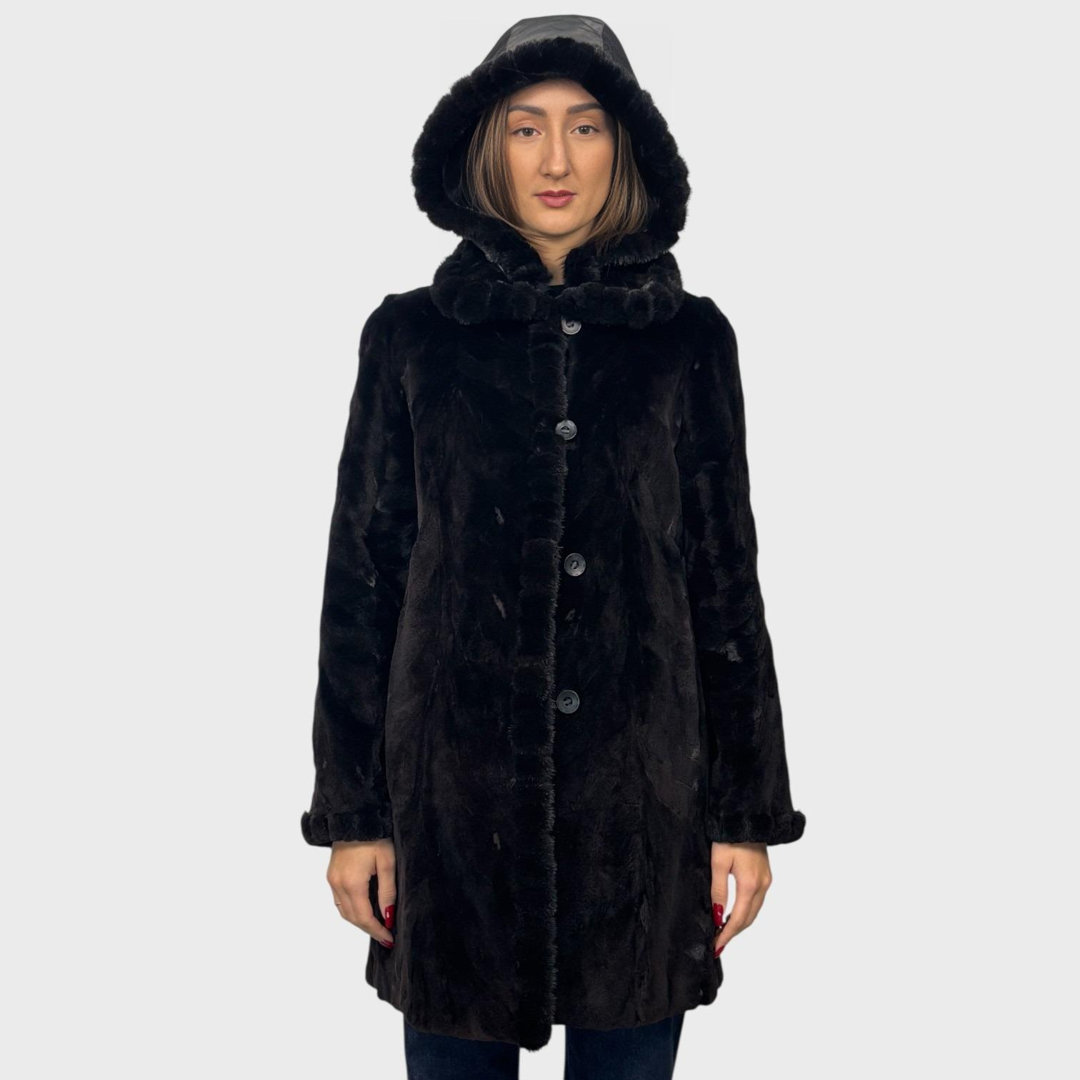Black Dyed Sheared Mink Paw Jacket - Reversible to Grey Taffeta - Detachable Hood