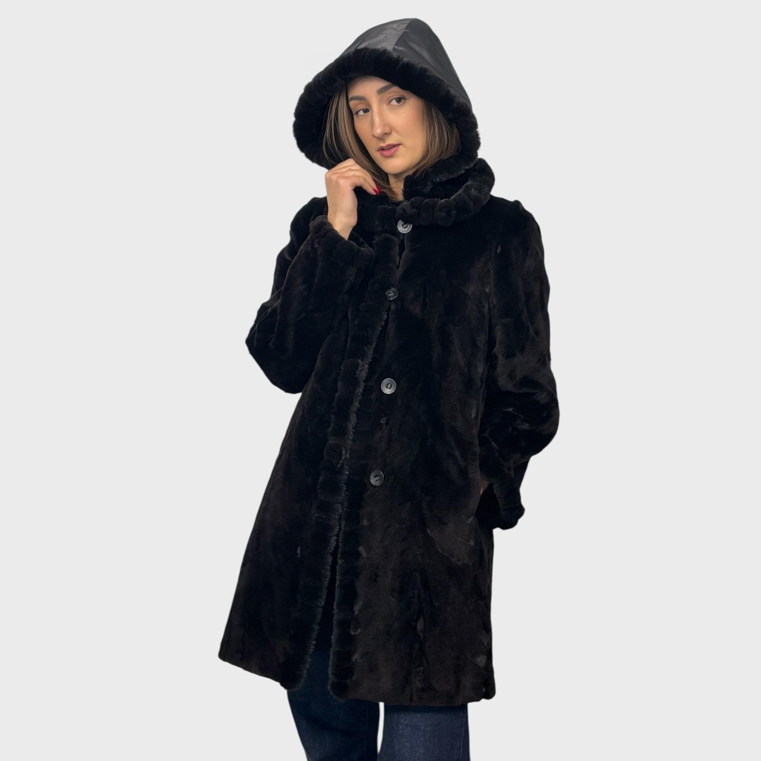 Black Dyed Sheared Mink Paw Jacket - Reversible to Grey Taffeta - Detachable Hood