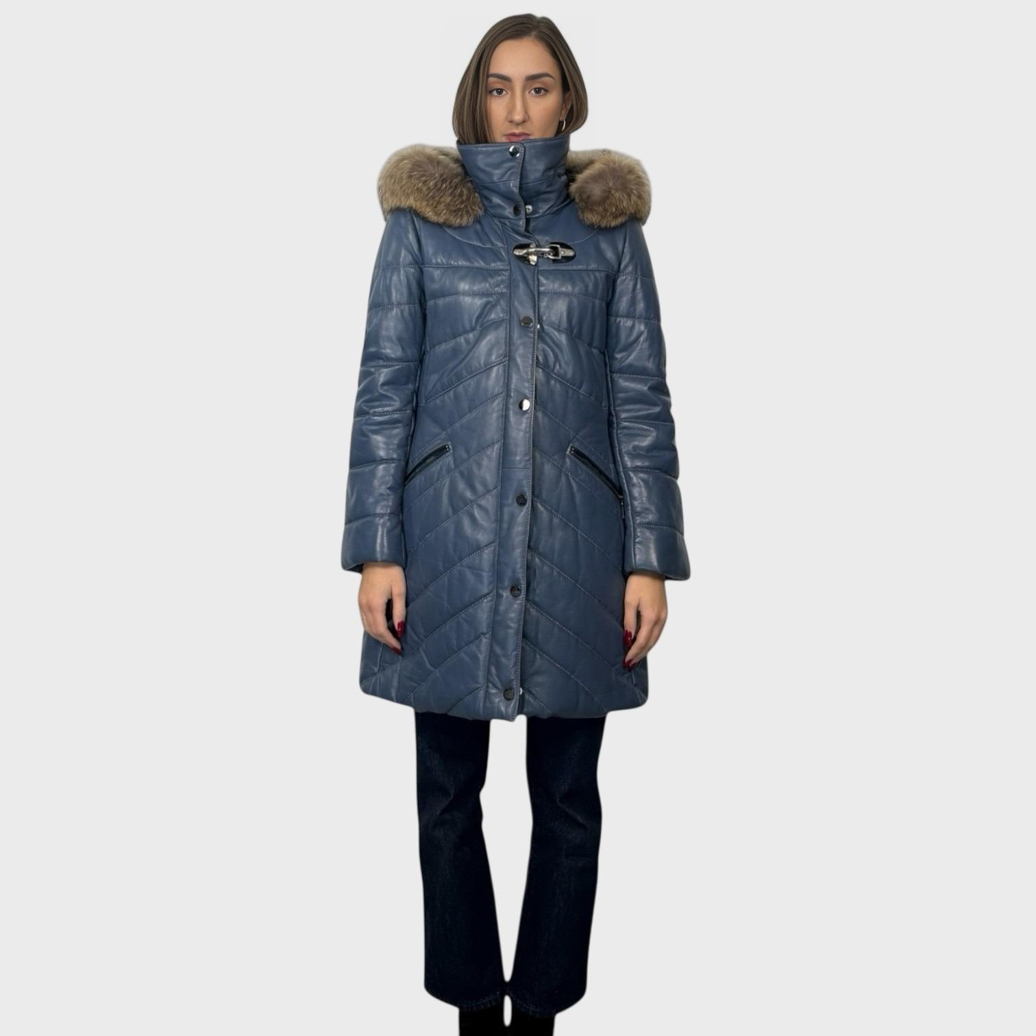 Denim Blue Leather Jacket - Detachable Hood Fur Trim