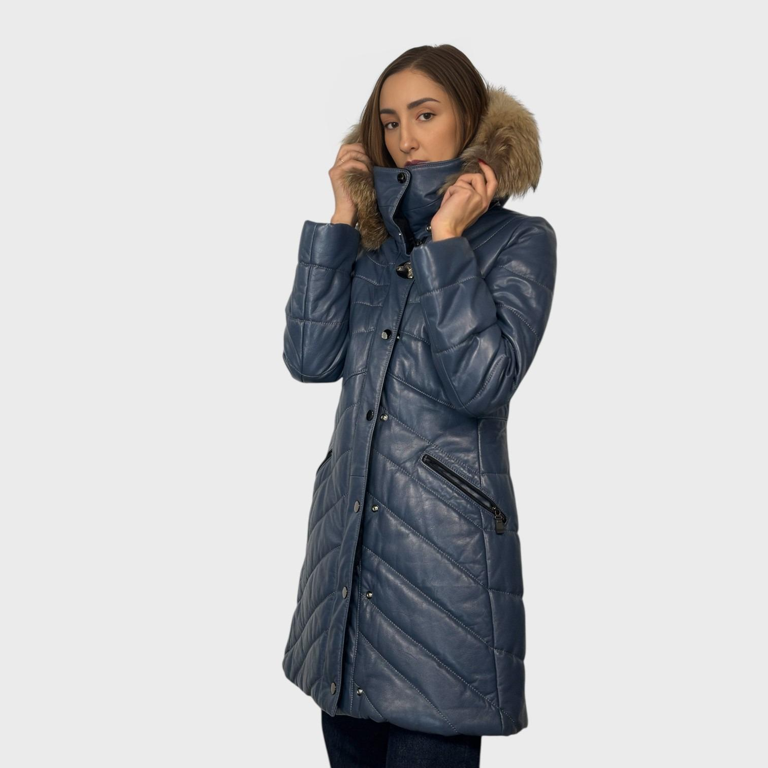 Denim Blue Leather Jacket - Detachable Hood Fur Trim