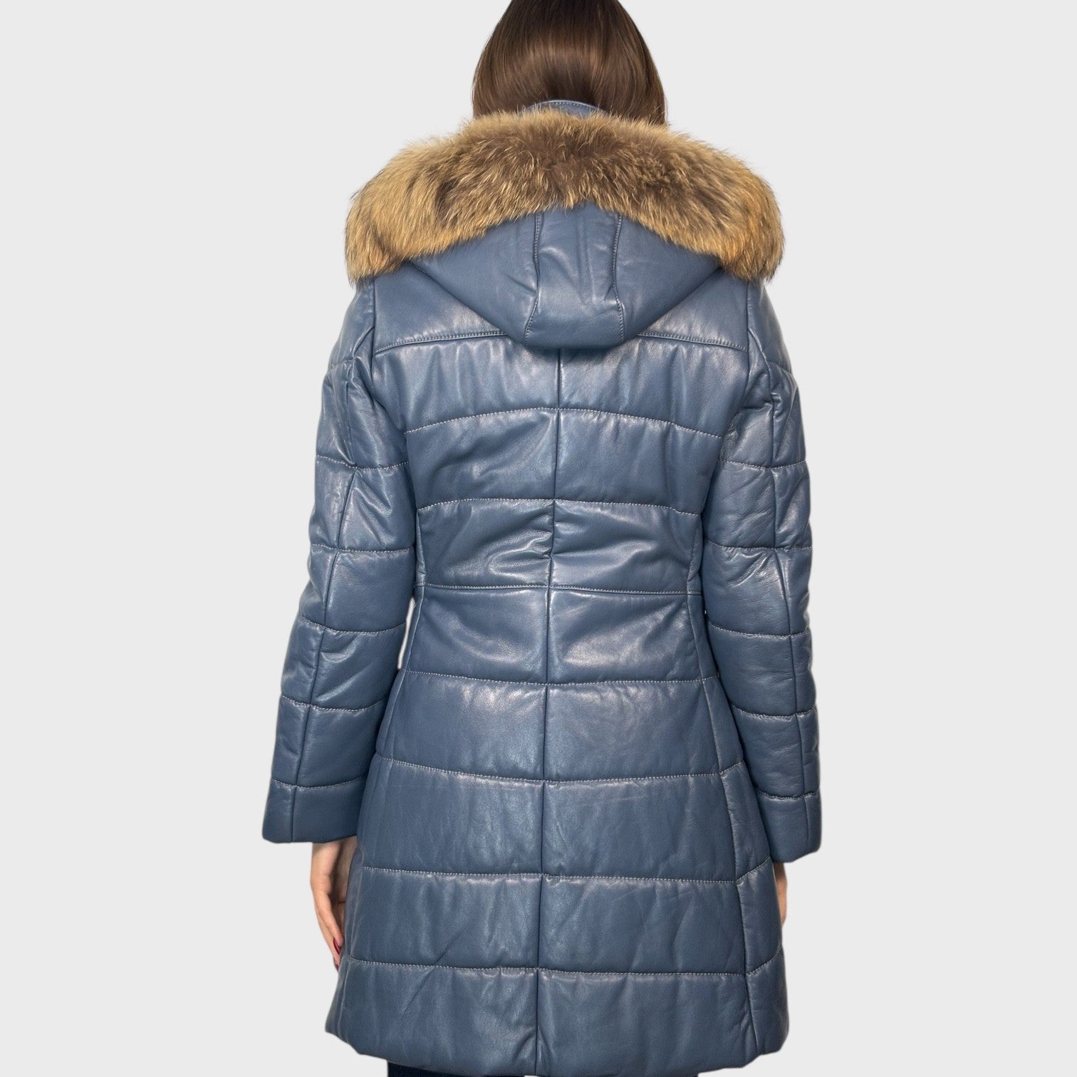 Denim Blue Leather Jacket - Detachable Hood Fur Trim