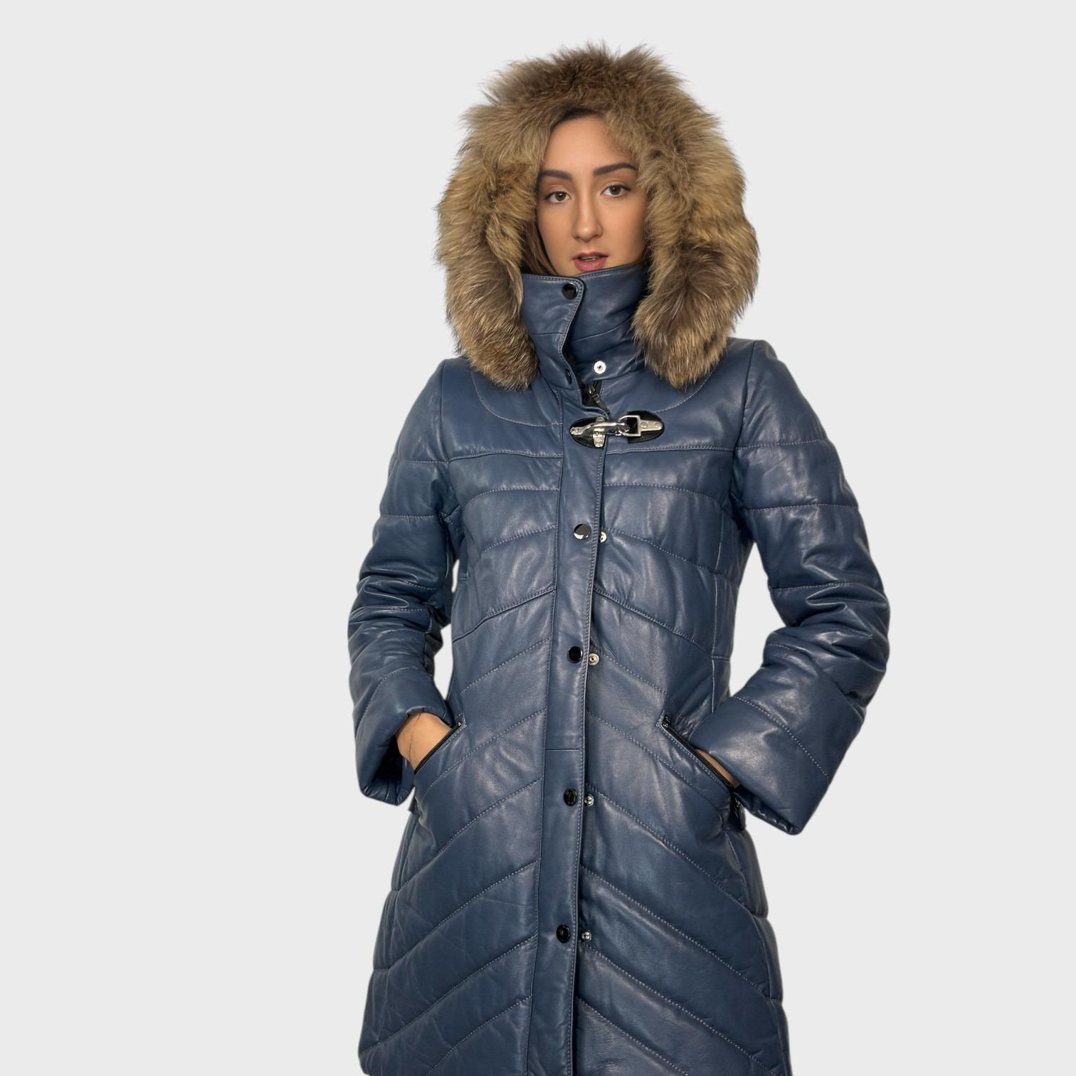Denim Blue Leather Jacket - Detachable Hood Fur Trim