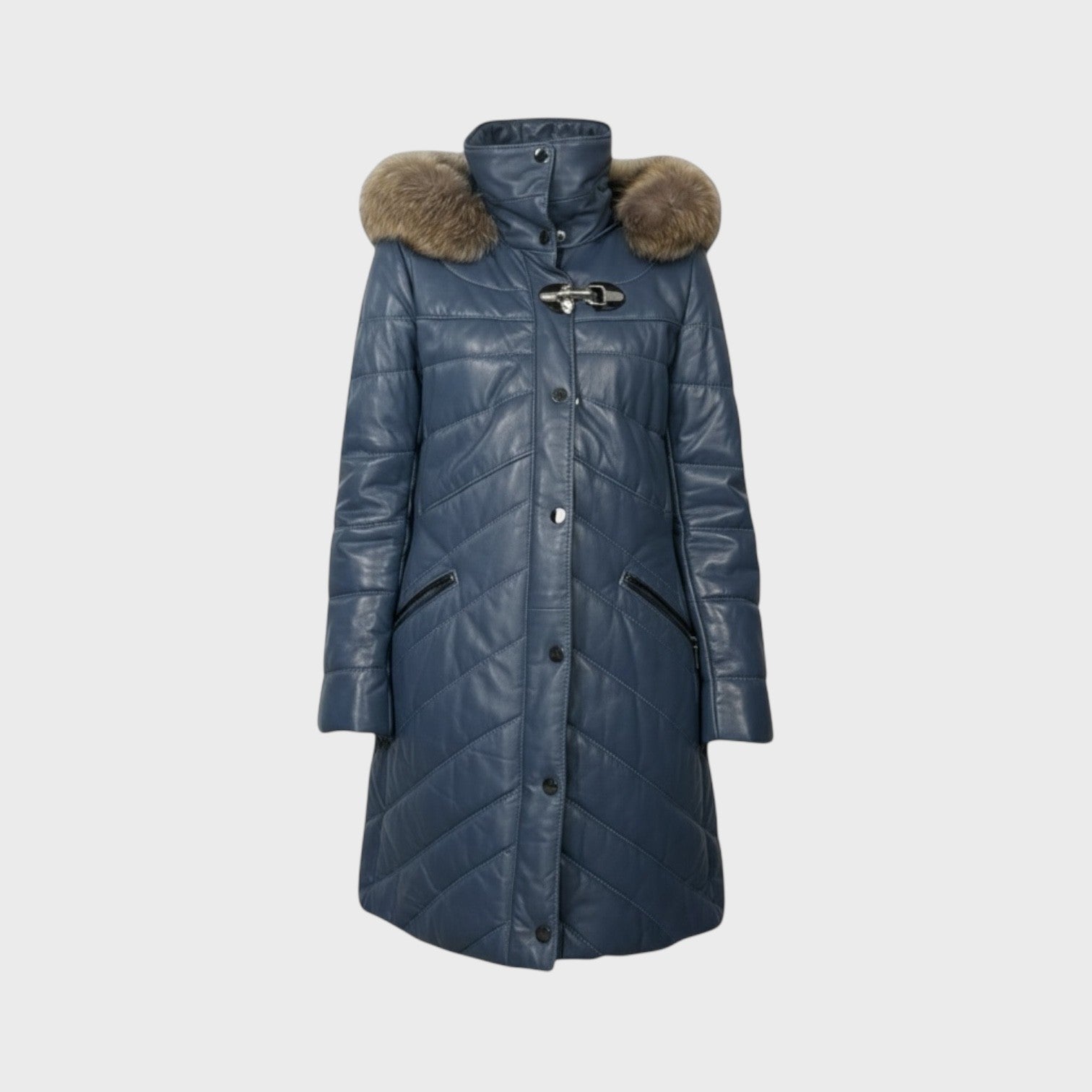 Denim Blue Leather Jacket - Detachable Hood Fur Trim