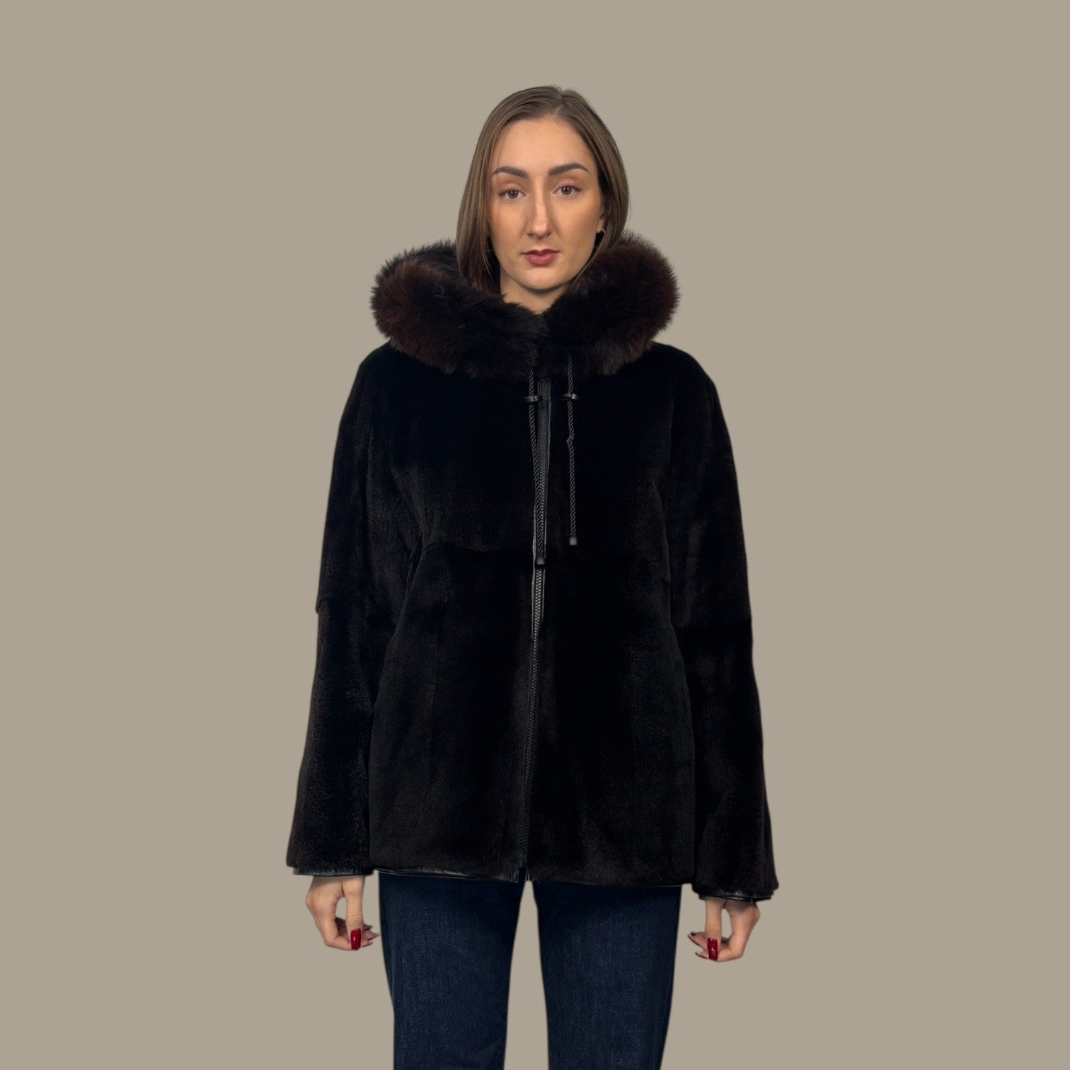 Black Plucked Mink Hooded Jacket - Reversible to Leather
