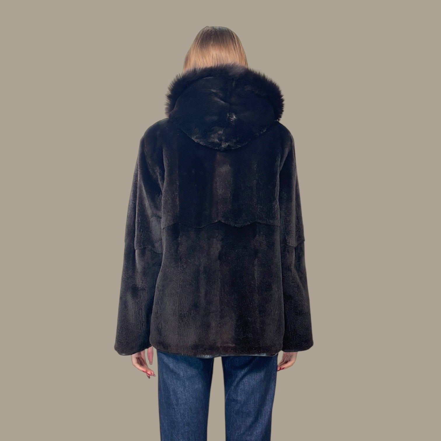 Black Plucked Mink Hooded Jacket - Reversible to Leather