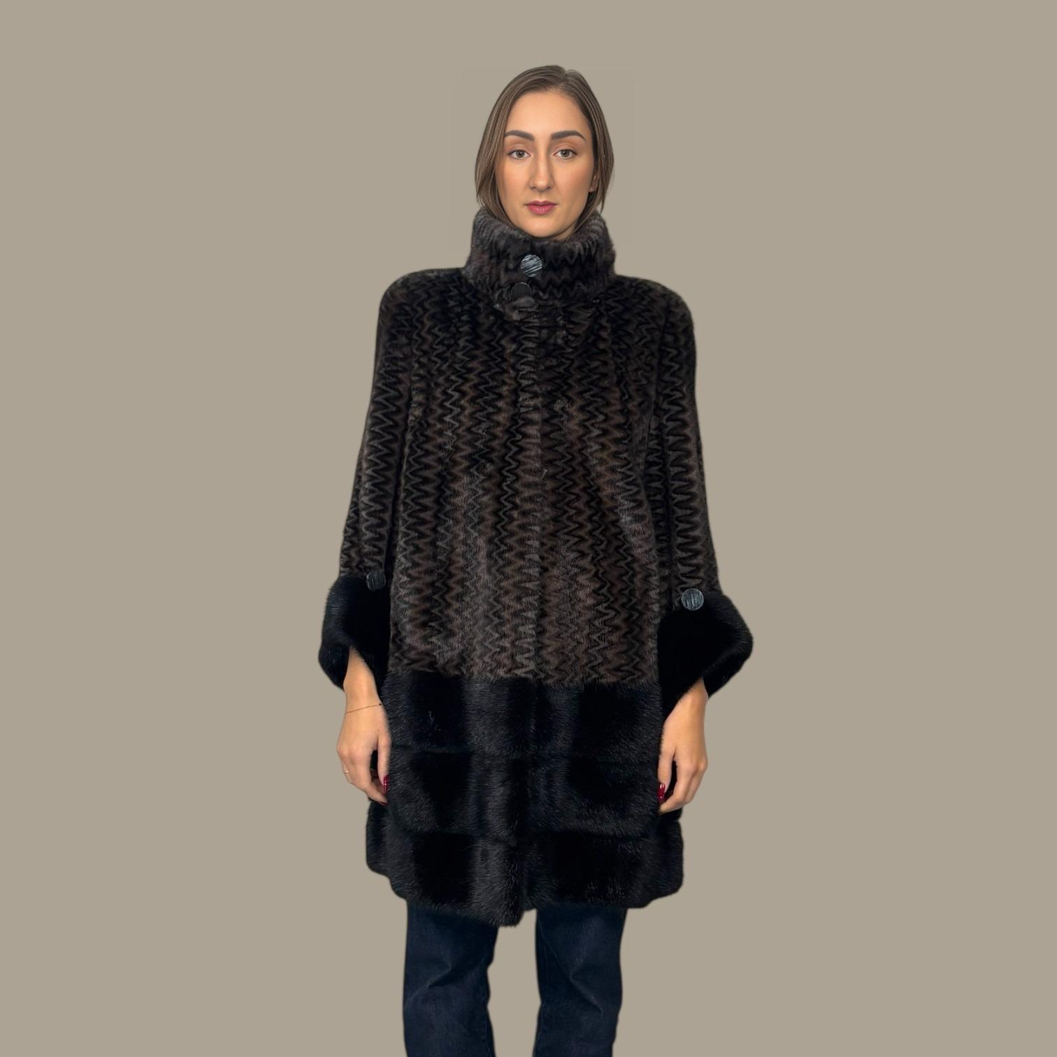 Two Tone designed Mink Coat with Black Mink on Hem & Cuffs