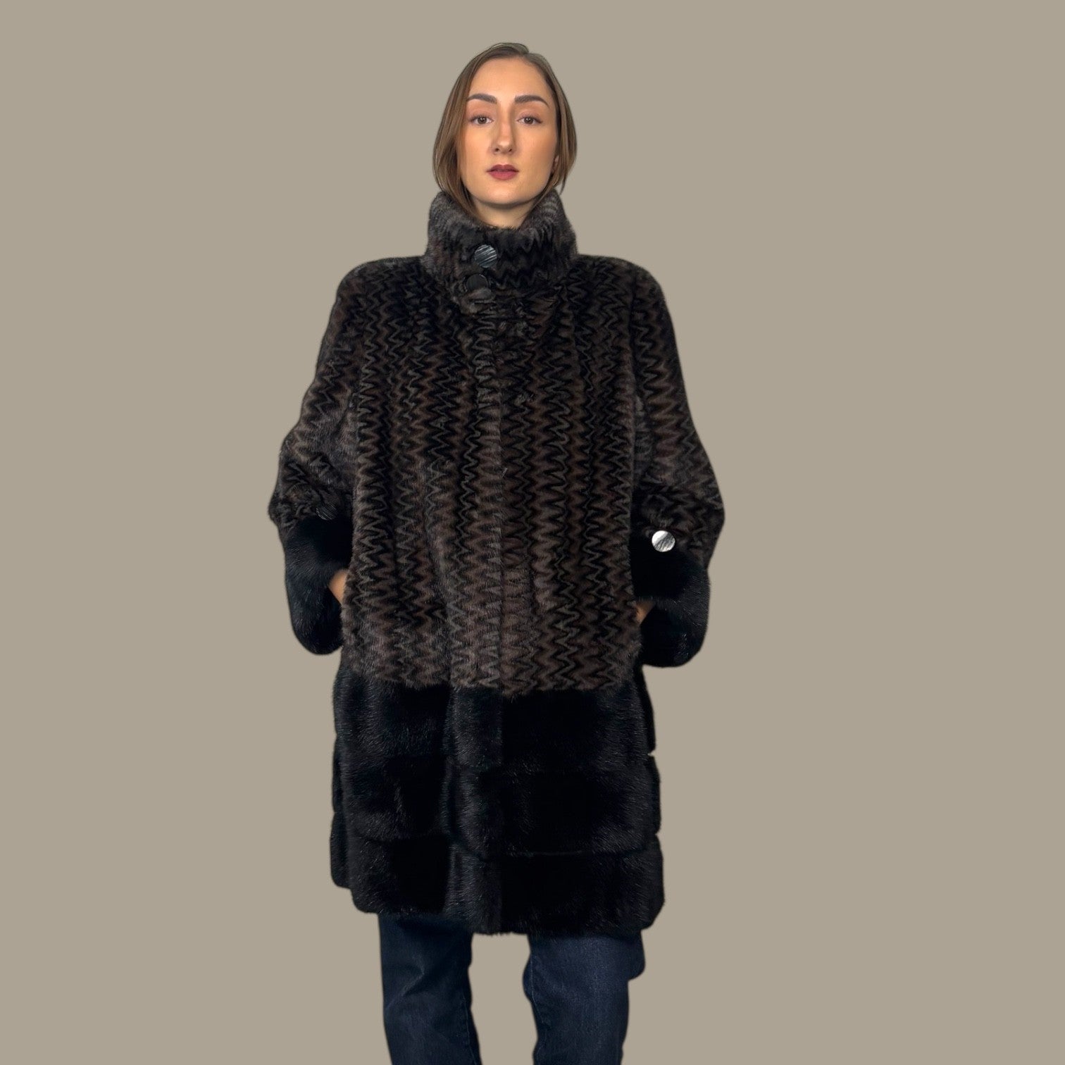 Two Tone designed Mink Coat with Black Mink on Hem & Cuffs