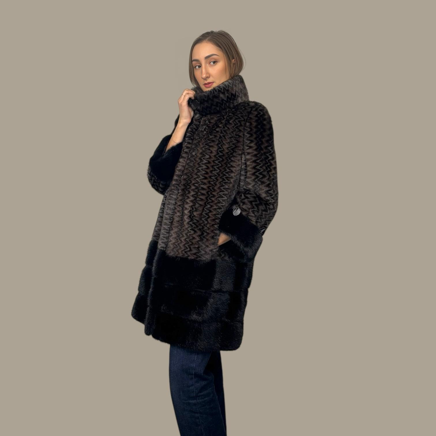 Two Tone designed Mink Coat with Black Mink on Hem & Cuffs