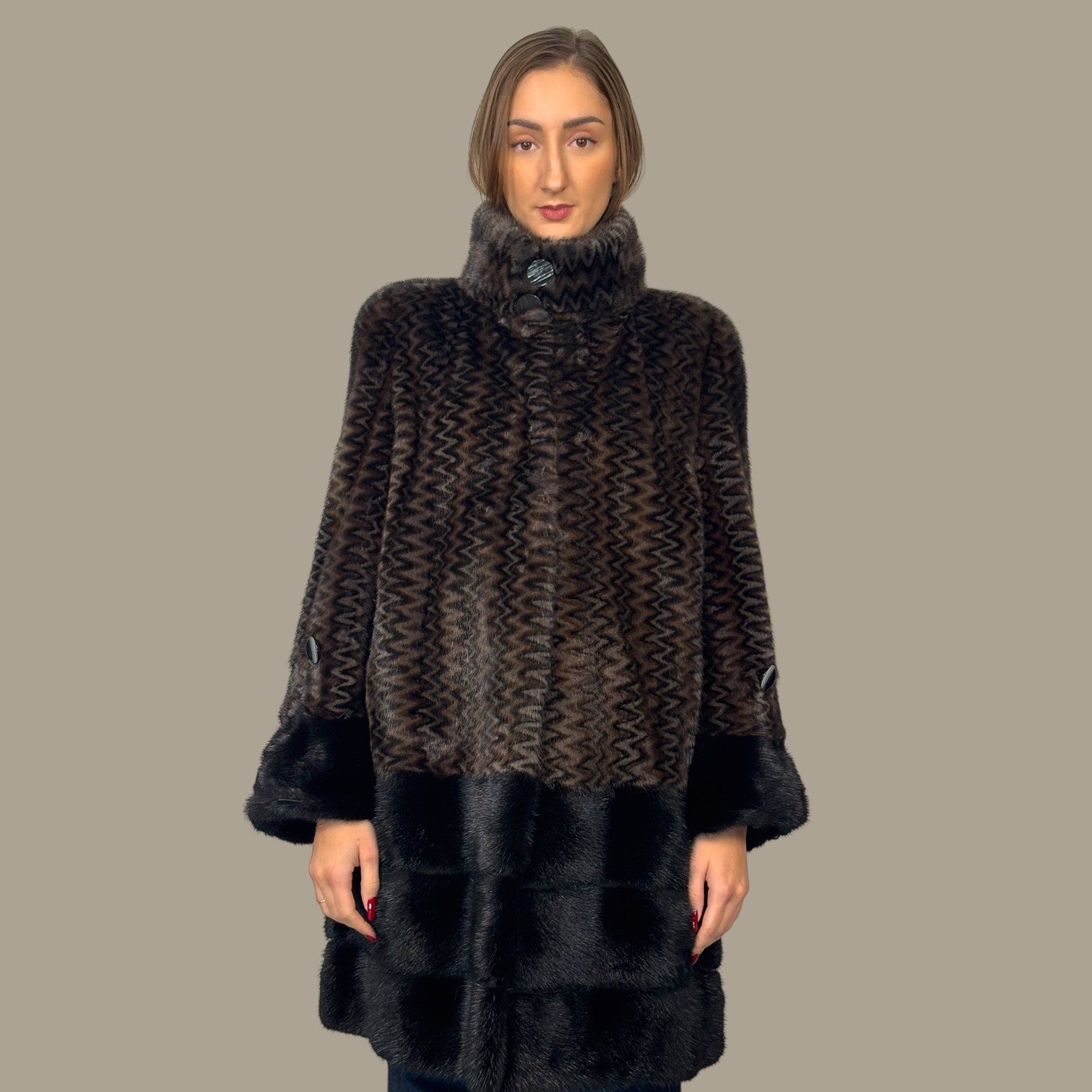 Two Tone designed Mink Coat with Black Mink on Hem & Cuffs