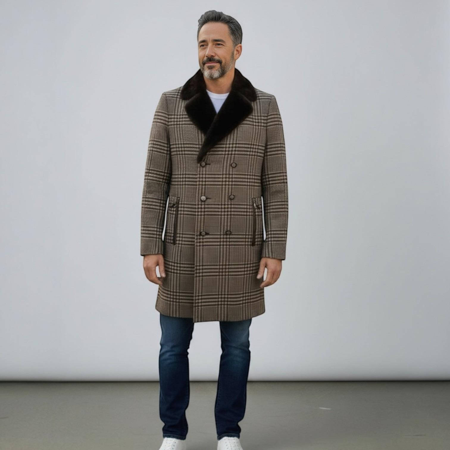 Cashmere & Wool Men's Double Breasted Coat - Mink Collar