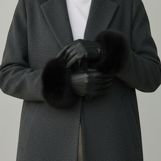 Black Leather Gloves with Fox Trim