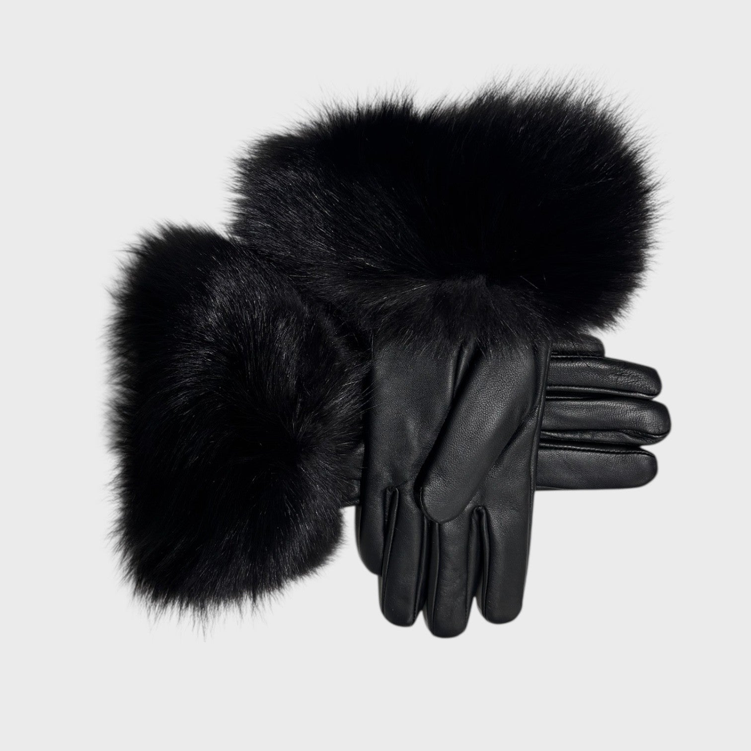 Black Leather Gloves with Fox Trim