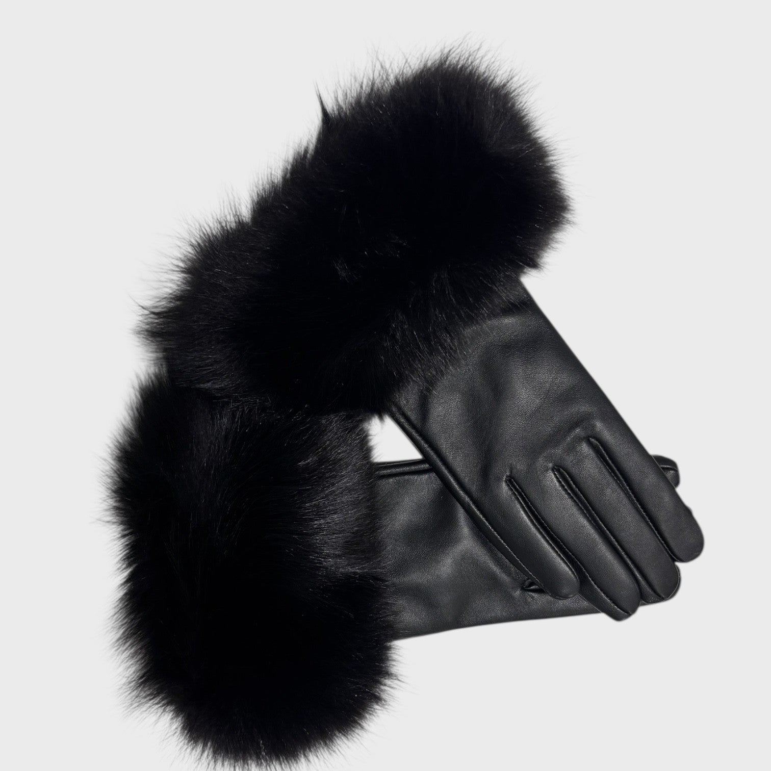 Black Leather Gloves with Fox Trim