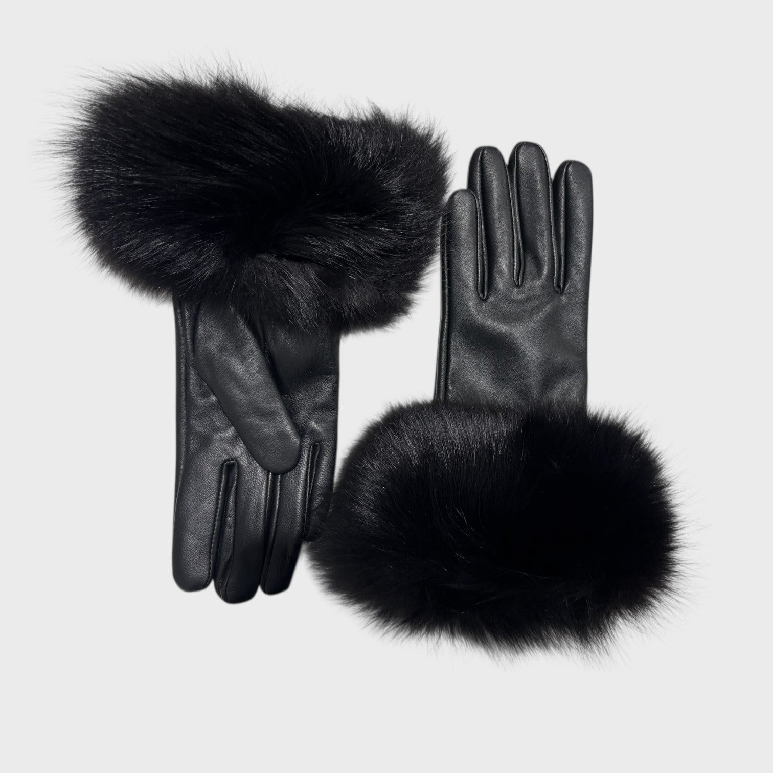 Black Leather Gloves with Fox Trim