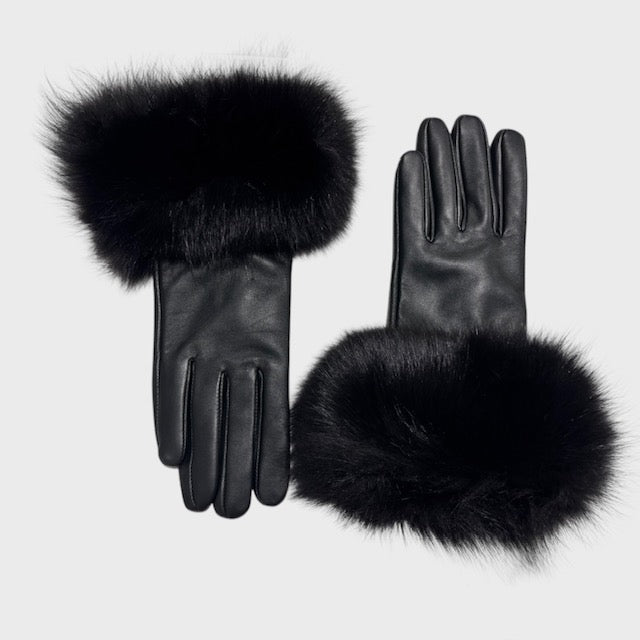 Black Leather Gloves with Fox Trim