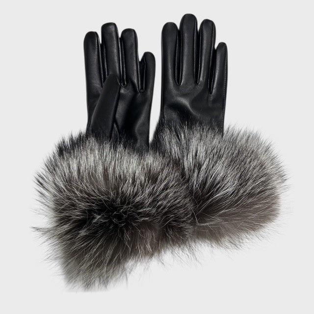 Black Leather Gloves with Fox Trim