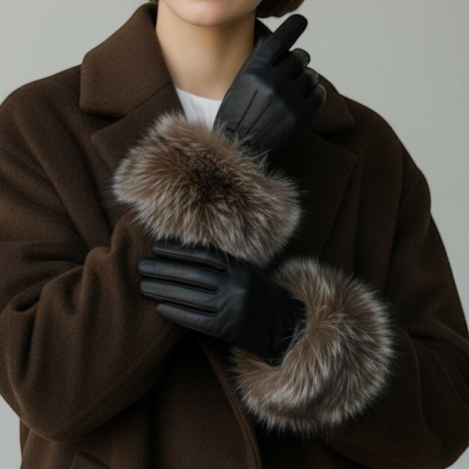 Dark Brown Leather Gloves with Fox Trim