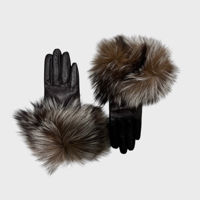 Dark Brown Leather Gloves with Fox Trim