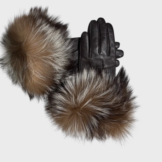 Dark Brown Leather Gloves with Fox Trim
